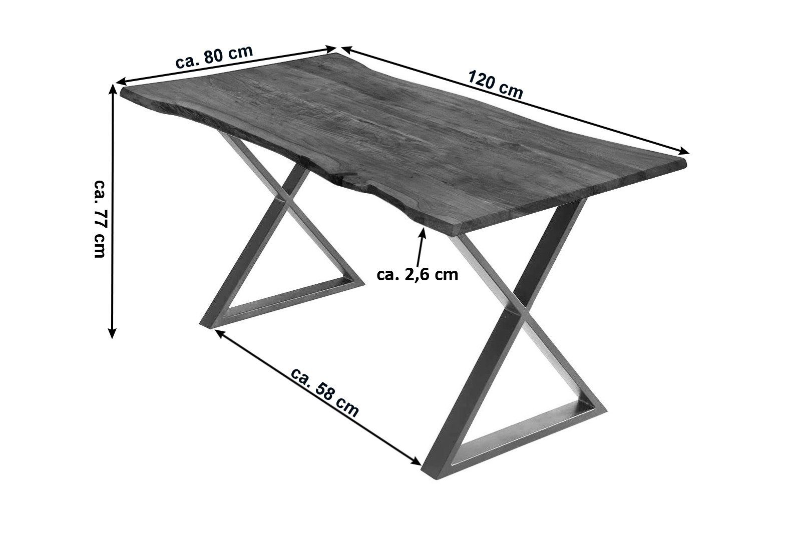Junado® Baumkantentisch Kasimir, Akazienholz massiv, natur- oder nussbaumfarben, Tischstärke 26mm, bis 3 Meter Größe mit natürlicher Baumkante erhältlich, geschlossenes Metallgestell X-Form in schwarz oder edelstahlfarben