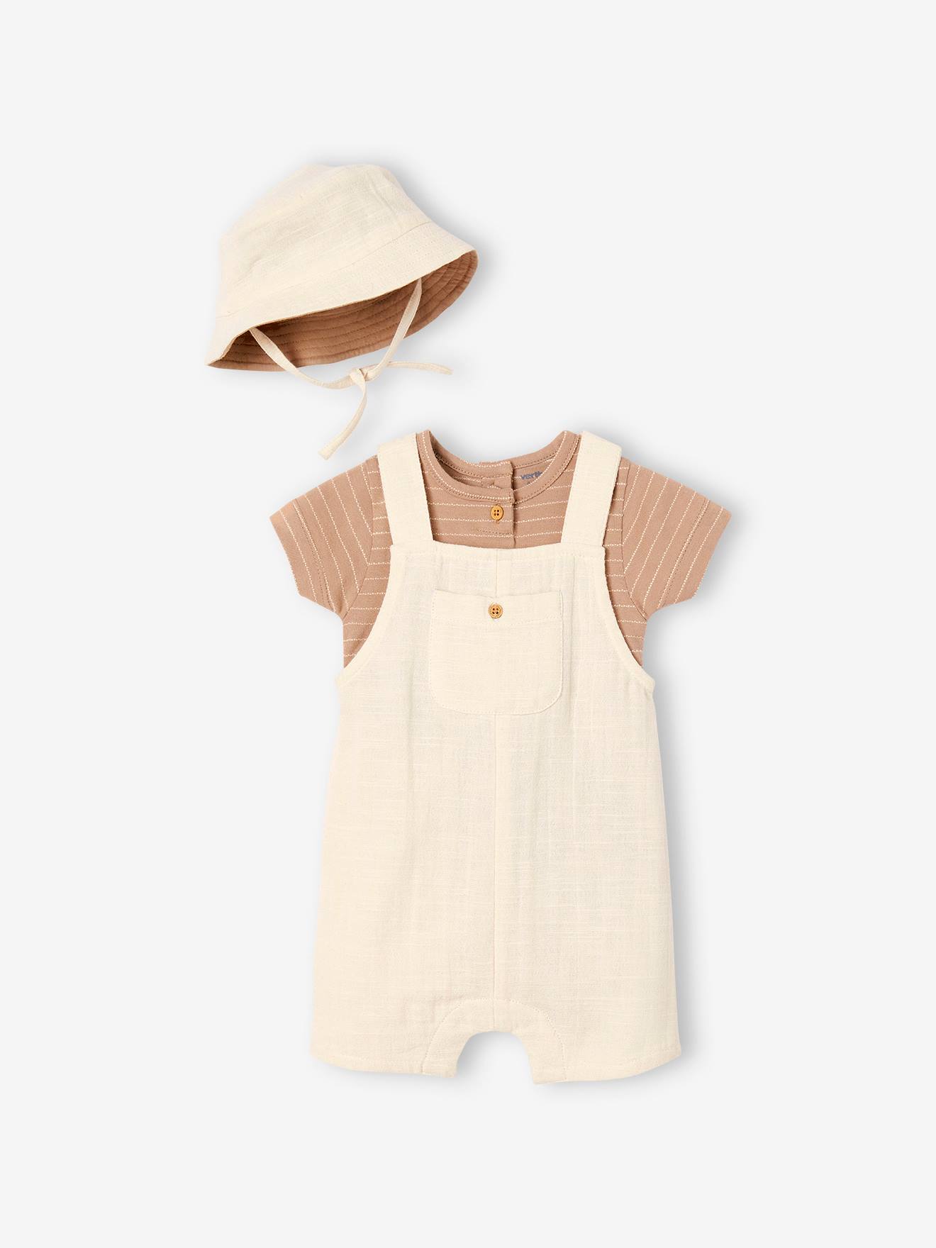 Ensemble bébé body, salopette et chapeau écru