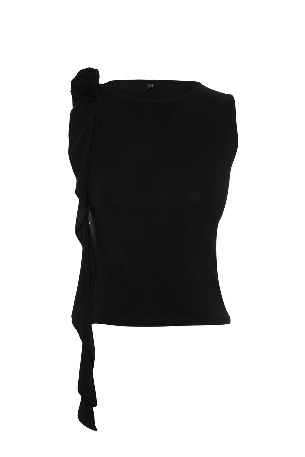 Trendyol Collection  Schwarze Strickbluse mit Rosen-Accessoire und detaillierten Rüschen TWOSS24BZ00200