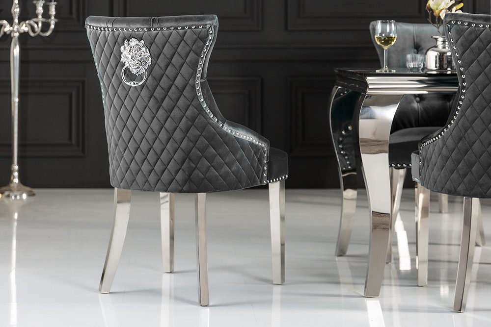 riess-ambiente Polsterstuhl CASTLE DELUXE grau / silber (Einzelartikel, 1 St), Esszimmer · Samt · Edelstahl · mit Löwenkopf-Griff · Barock Design