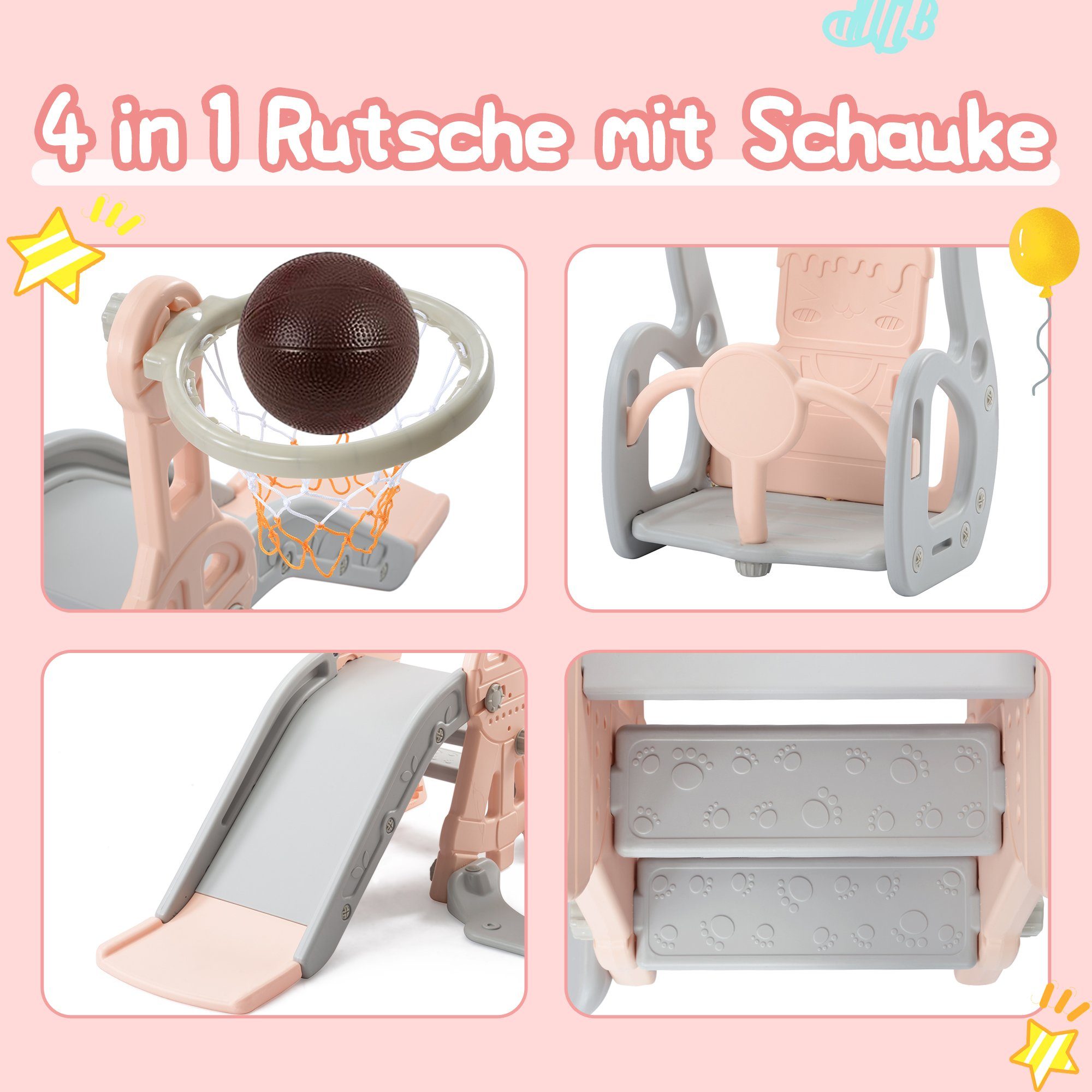 REDOM Indoor-Rutsche 4 in 1 Rutsche Kinderrutsche Fun-Slide Schaukel mit Basketballkorb, (Schaukel Rutsche Gartenrutsche mit Rutschbahn), für 1-6 Jahre Kinder Indoor & Outdoor