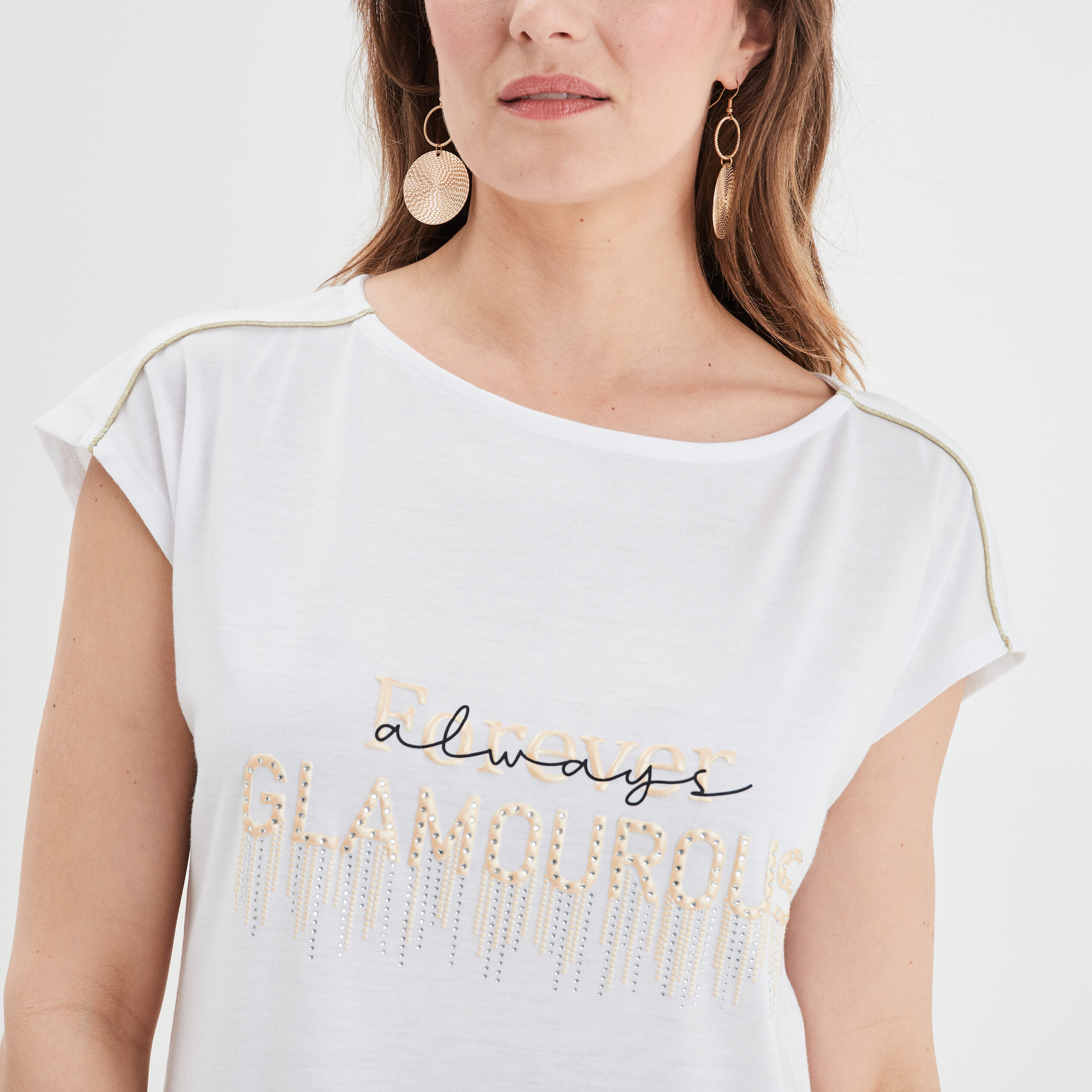T-shirt col rond à strass Mosquitos ecru femme | La Halle