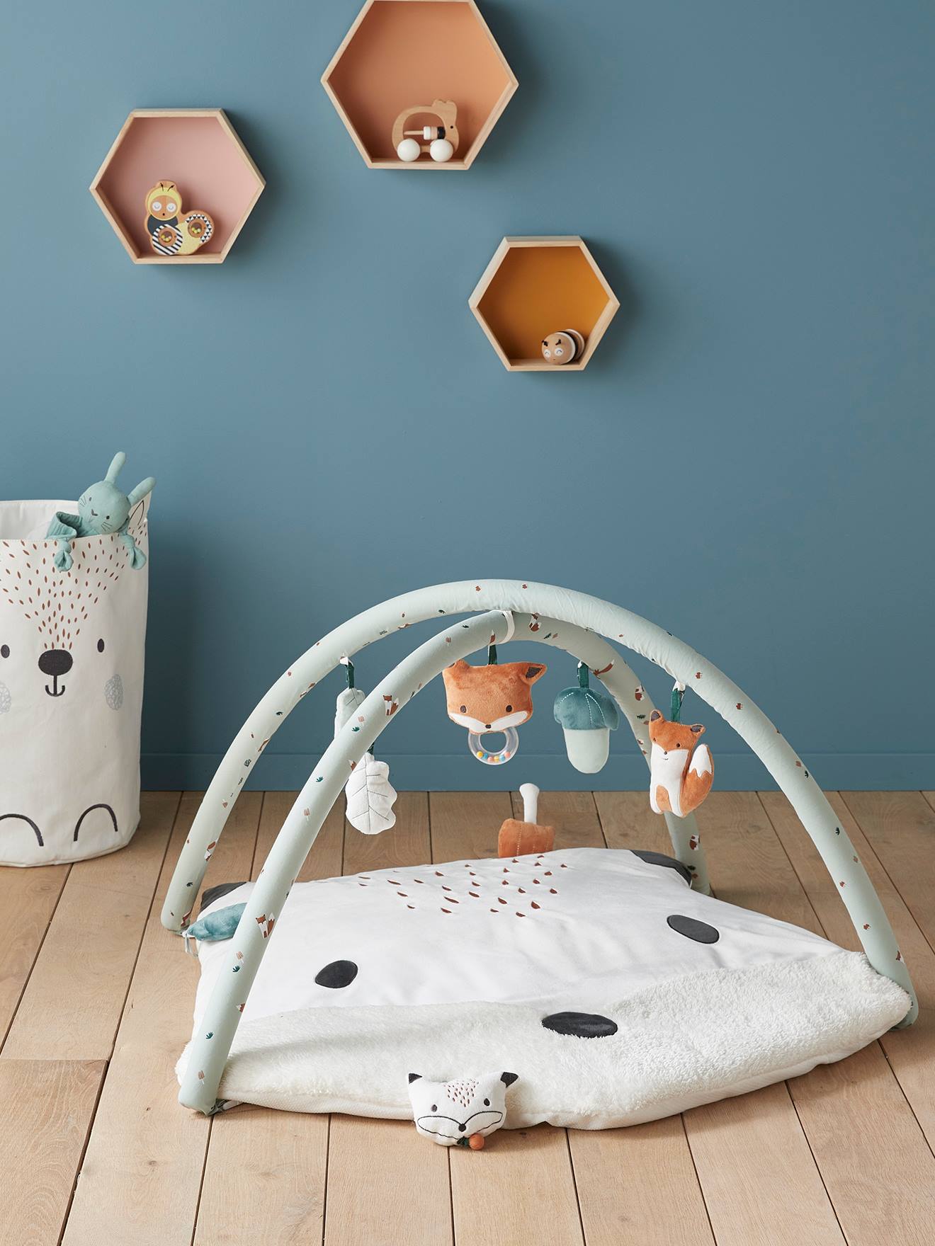Vertbaudet Baby Activity-Decke mit Spielbogen, Tiergesicht - orange tiger/pandafreunde
