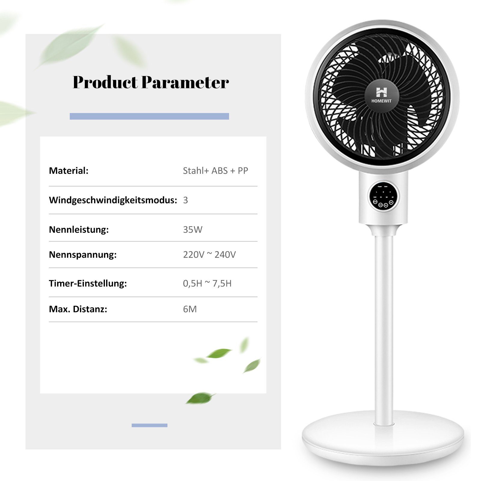 Homewit Standventilator 35W 30dB leise Ventilator 3D Luftumwälzung mit Timer und Fernbedienung, Für Fitnessstudio Schlafzimmer Wohnzimmer