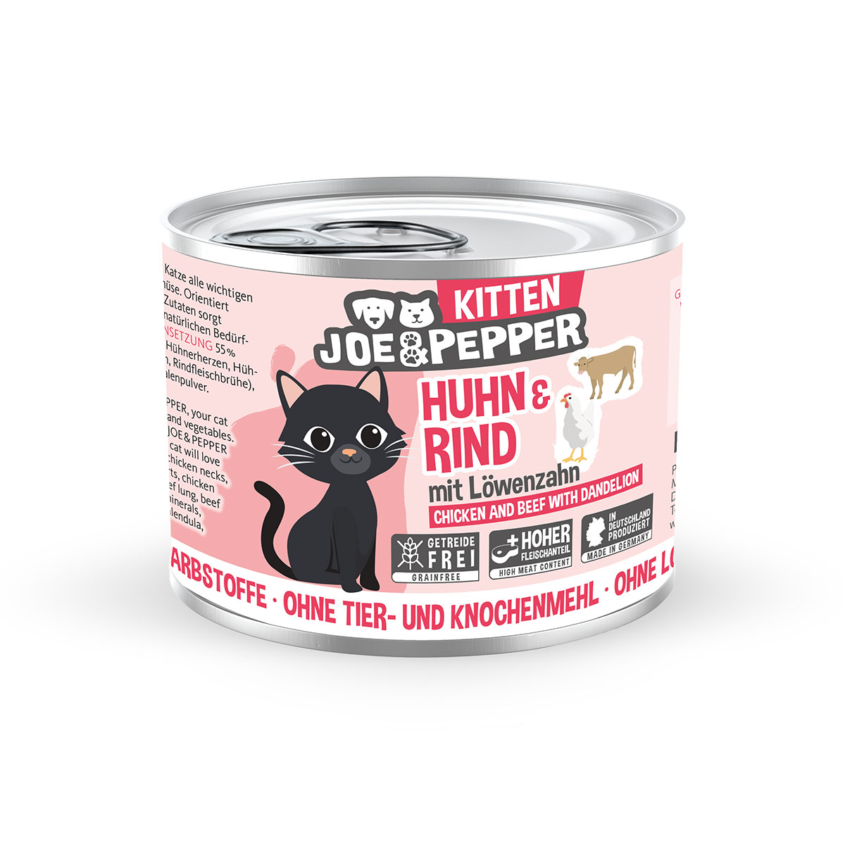 Joe & Pepper Cat Kitten Huhn & Rind mit Löwenzahn bei ZooRoyal