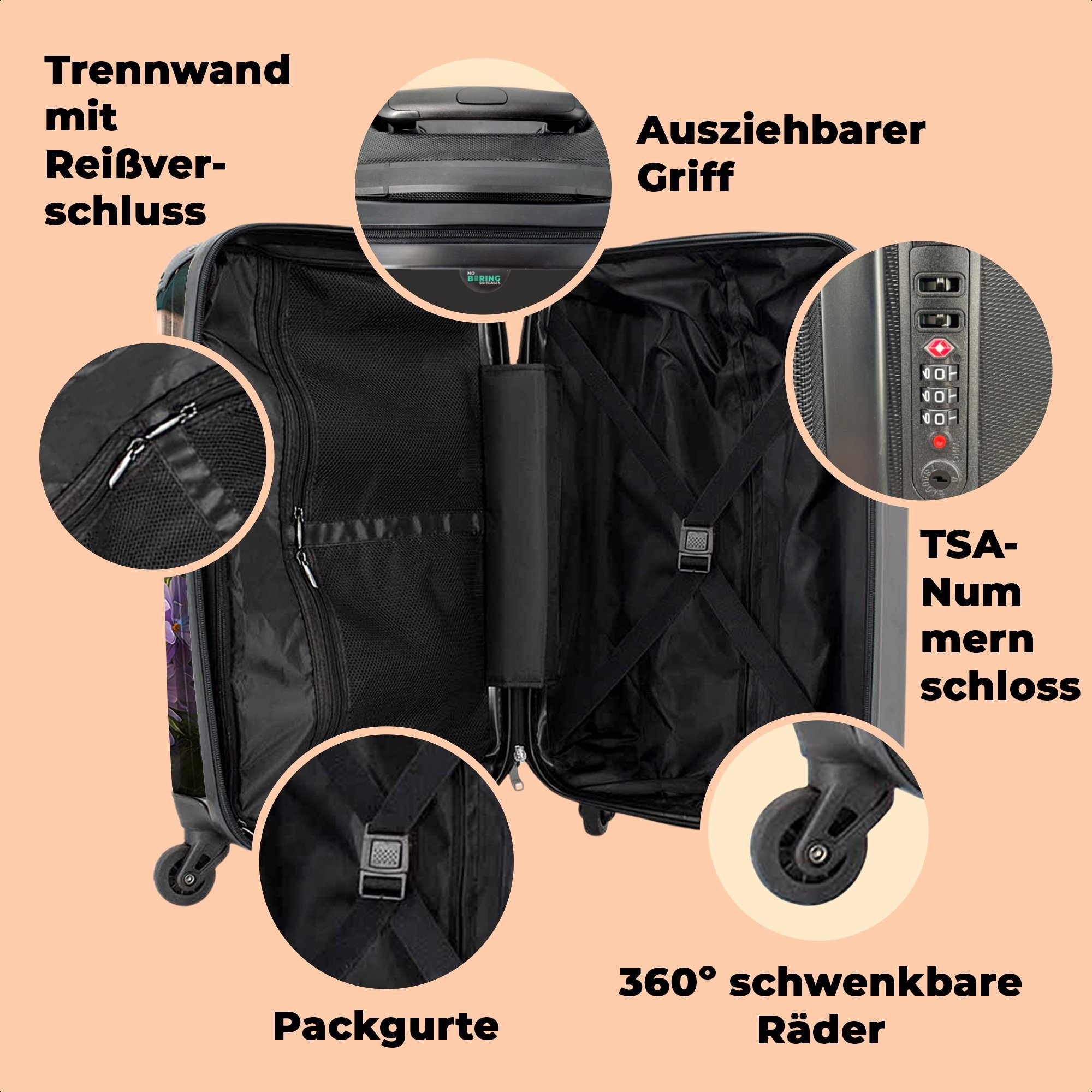 NoBoringSuitcases.com© Handgepäckkoffer 55x35x20cm Kätzchen - Illustration - Blumen - Natur - Katze, 4 Rollen, Handgepäck Trolley Rollkoffer Kleine Reisekoffer mit 4 Rollen - Cabin