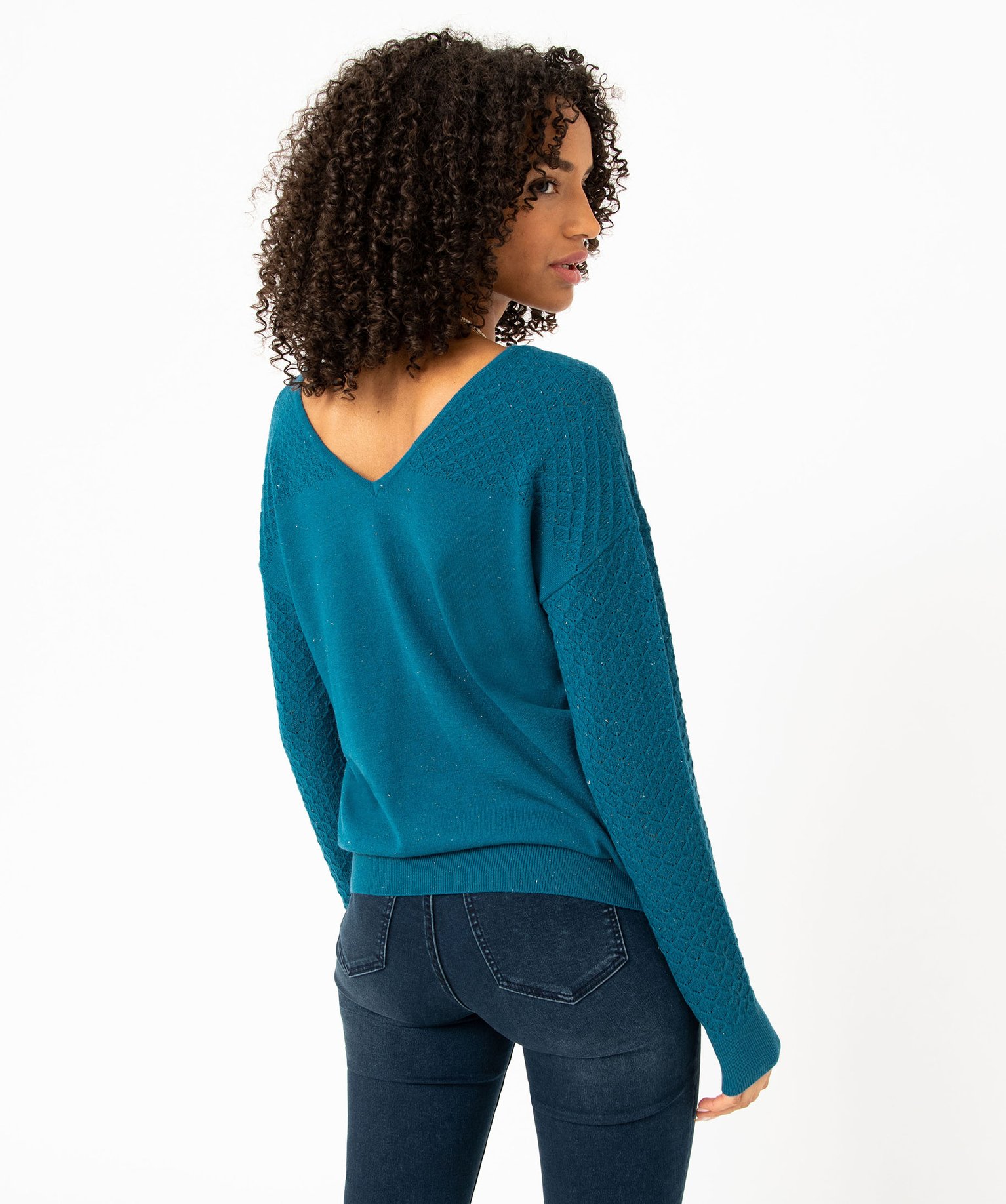 Pull avec double col V et manches fantaisie femme bleu | GEMO