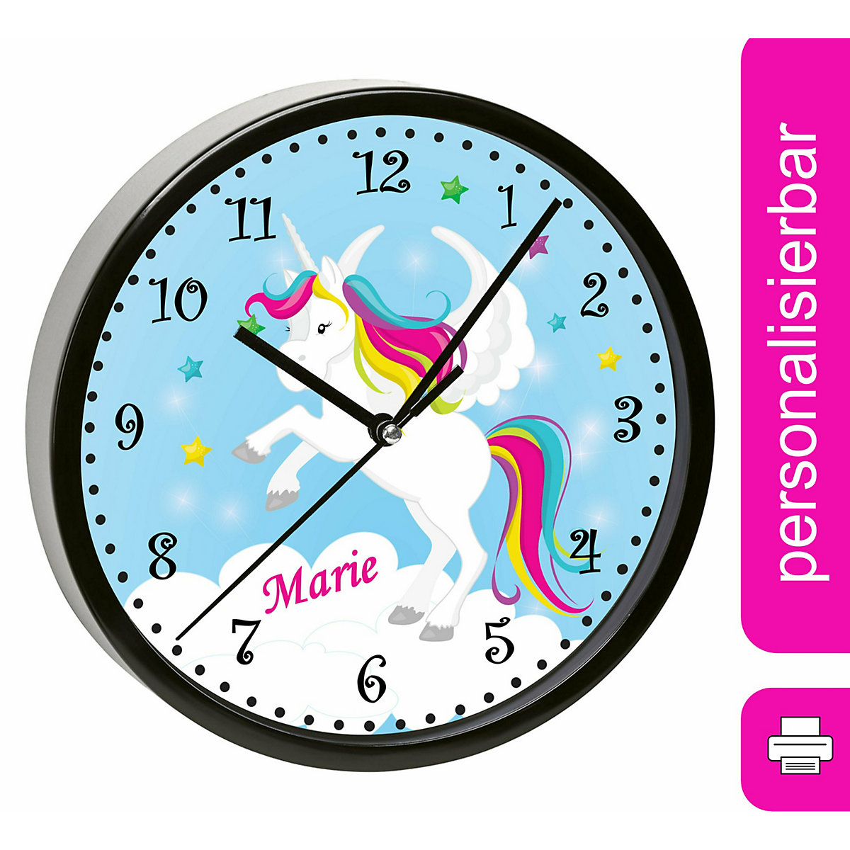 Kinder Wanduhr personalisiert mit Name Pegasus Blau