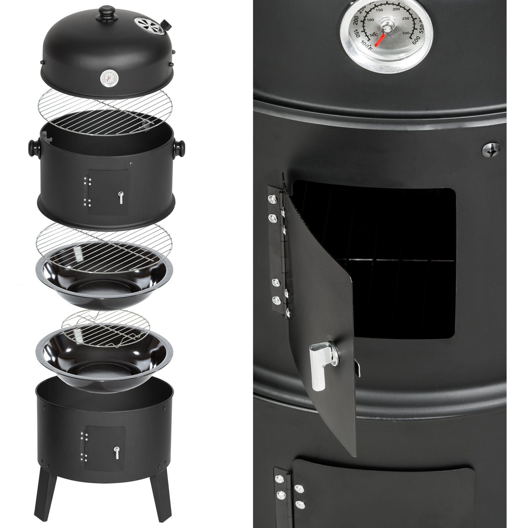 tectake Holzkohlegrill Holzkohlegrill Räuchertonne 3 in 1
