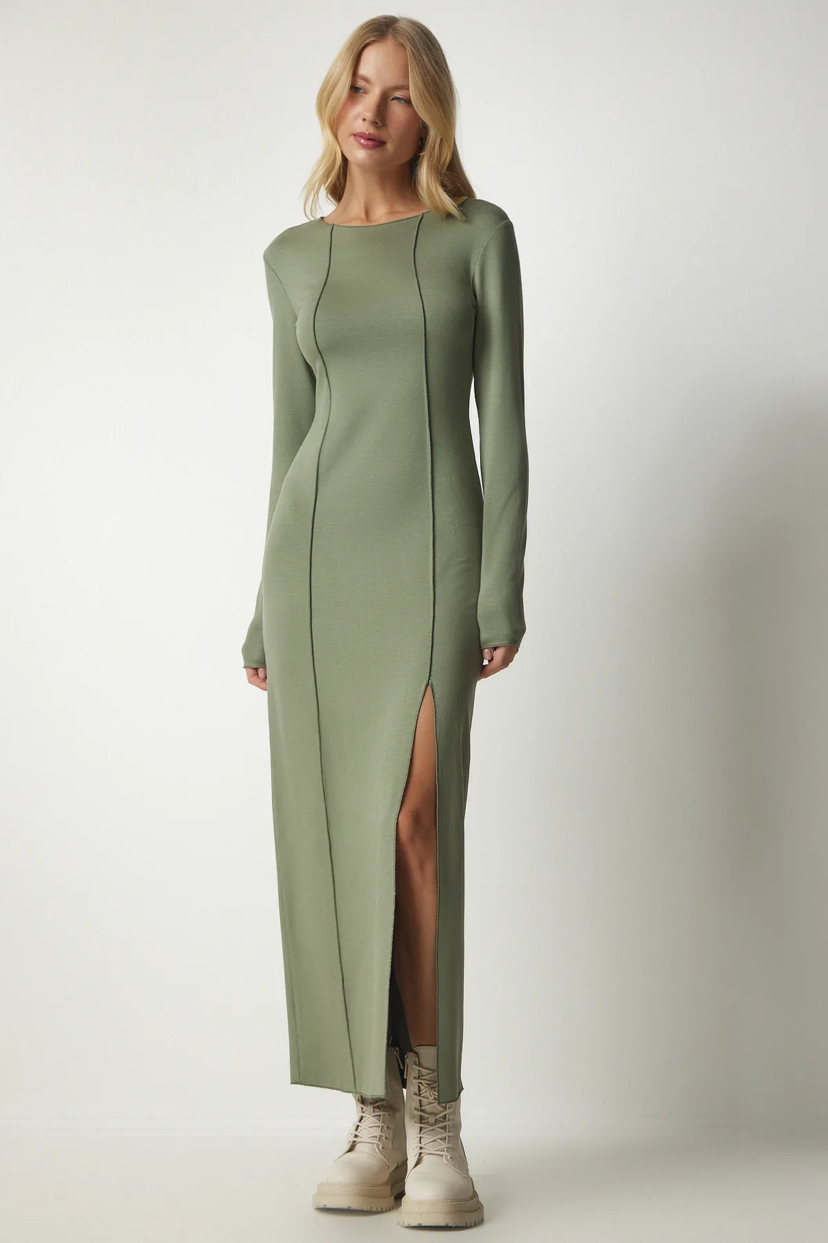 Happiness İstanbul  Grünes, grünes, geschlitztes, langes Viskosekleid für Damen UB00181