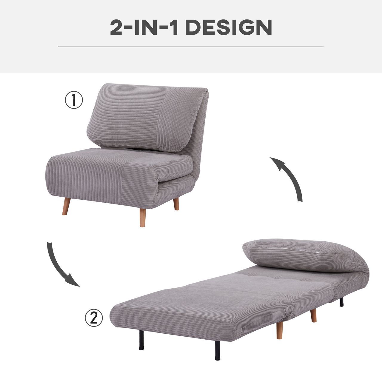 HOMCOM 2-in-1 Schlafsofa Schlafsessel Klappmatratze Gästebett Klappbett Hellgrau