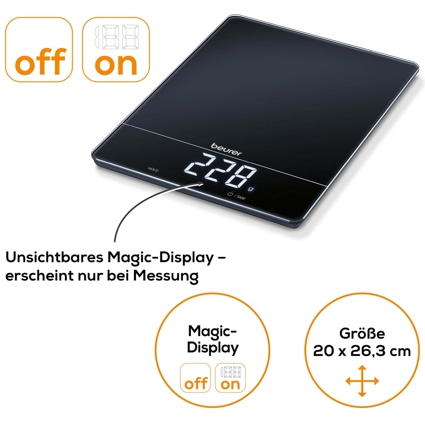 Beurer Küchenwaage KS 34-Edle Küchenwaage mit Glasoberfläche & Magic-Display - bis 15 kg