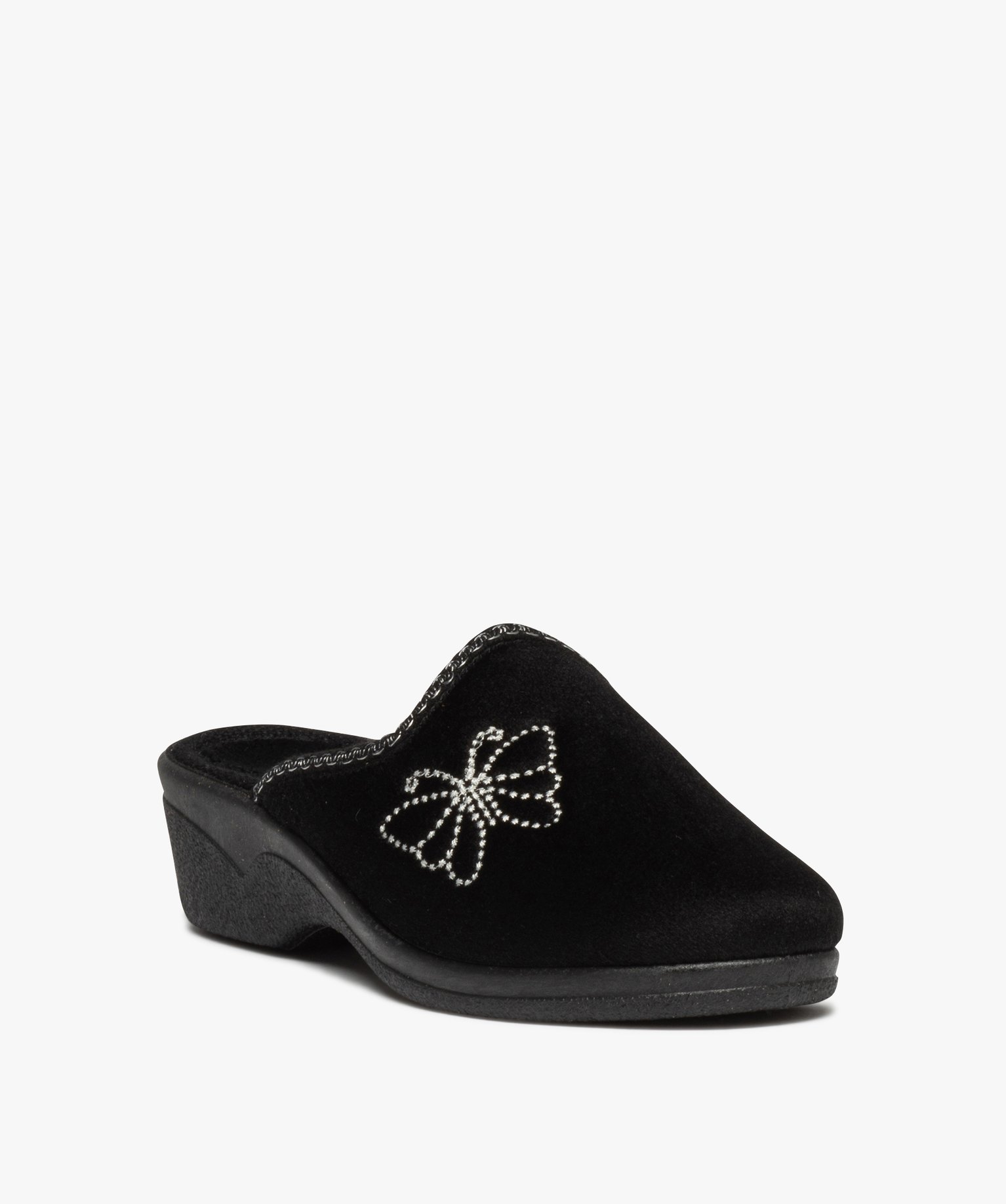 Chaussons femme compensées velours brodé noir | GEMO