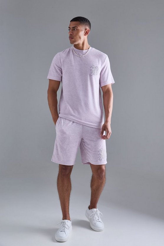 Frottee T-Shirt und Shorts mit Perlen-Stickerei