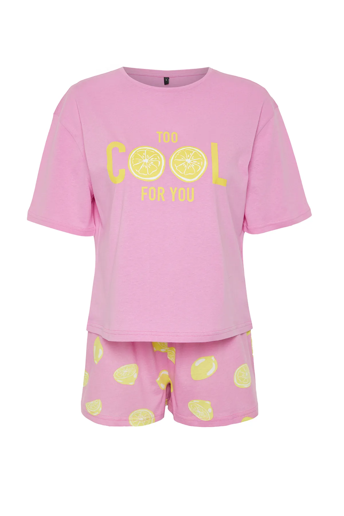 Trendyol Collection  Rosa gestricktes Pyjama-Set aus 100 % Baumwolle mit Slogan Fruit-Print THMSS24PT00226