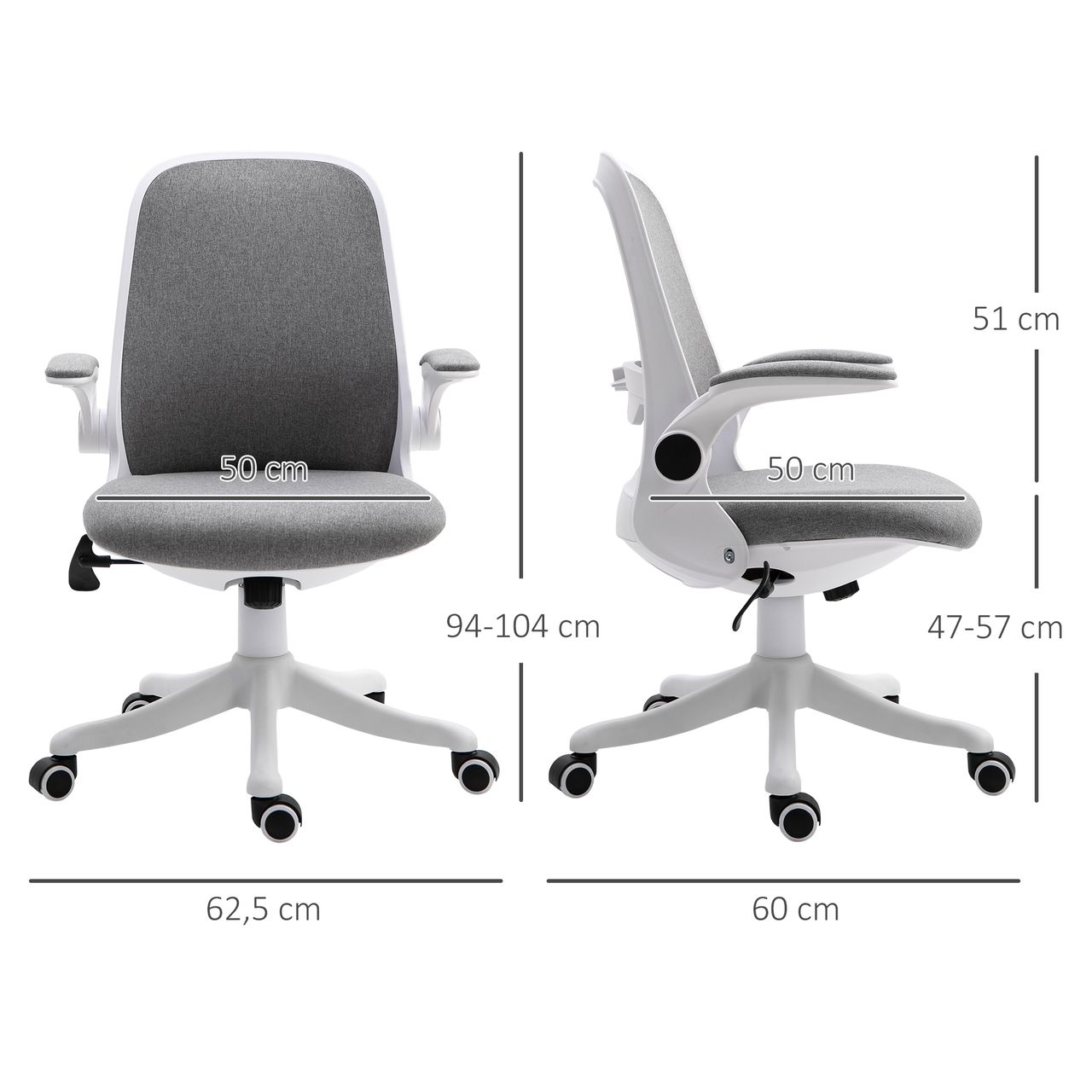 HOMCOM Bürostuhl Schreibtischstuhl Drehstuhl mit Wippfunktion Armlehne verstellbar höhenverstellbar ergonomisch Leinenimitat Nylon Grau Weiß 62,5 x 60 x 90-98 cm