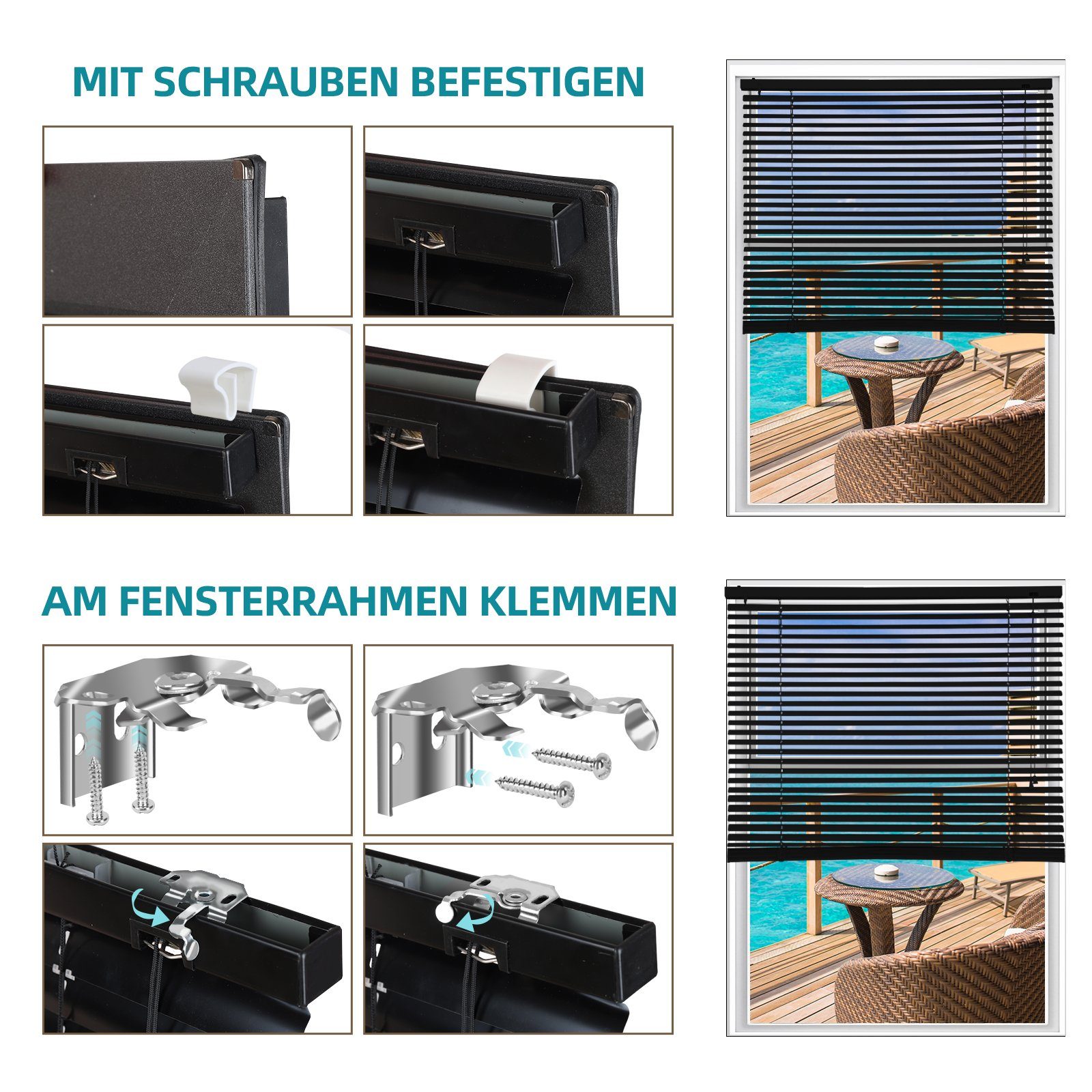 Jalousie Aluminium-Jalousie ohne Bohren, Klemmfix-Jalousie für fenster, Sekey, freihängend, 25mm Alu-Lamellen, mit Bohren, inklusive Montagematerial