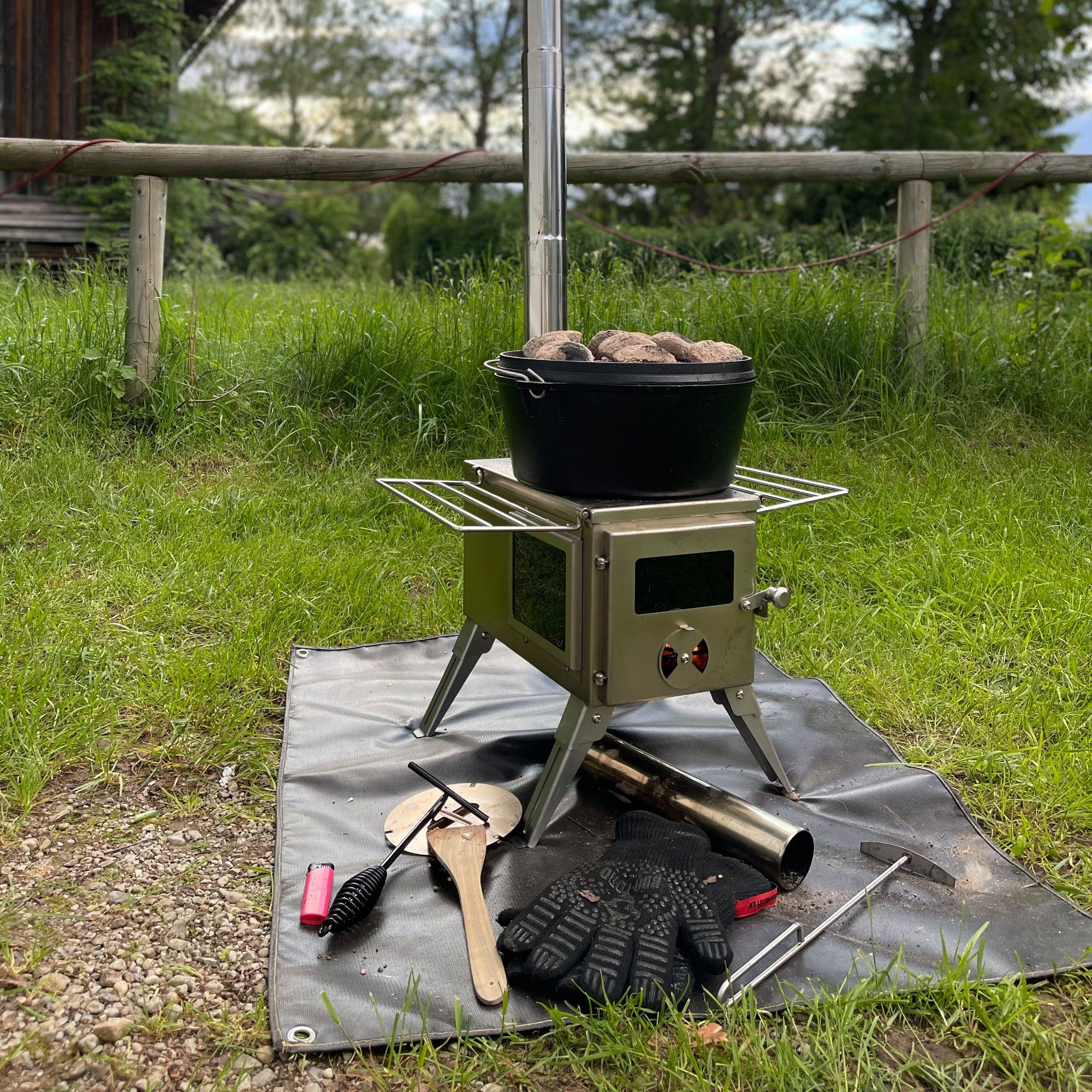 CampFeuer Feuerstelle Edelstahl Zeltofen, 51,5 x 42 x 216 cm, Zeltheizung Camping