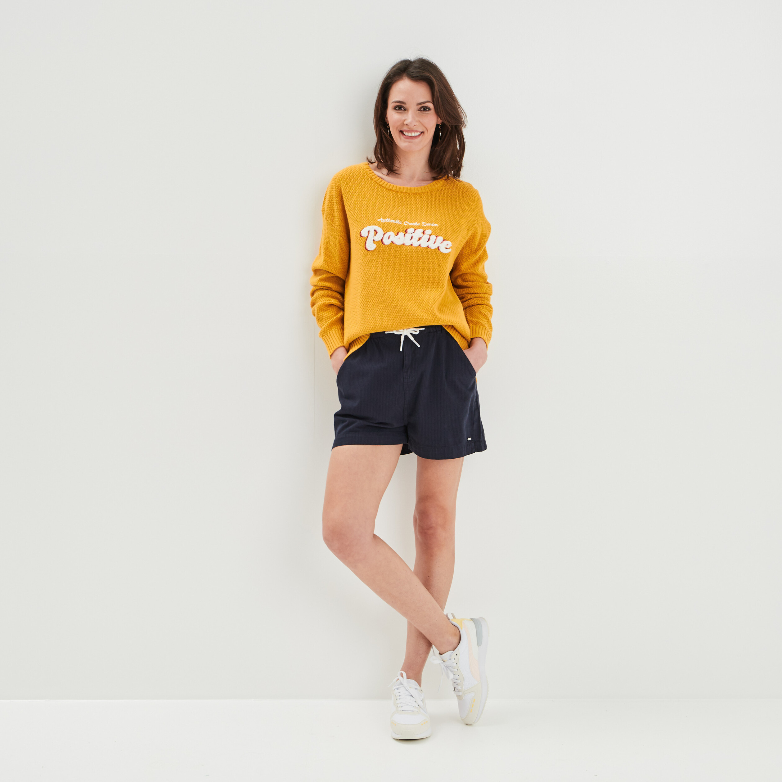 Pull col rond jaune moutarde femme | La Halle