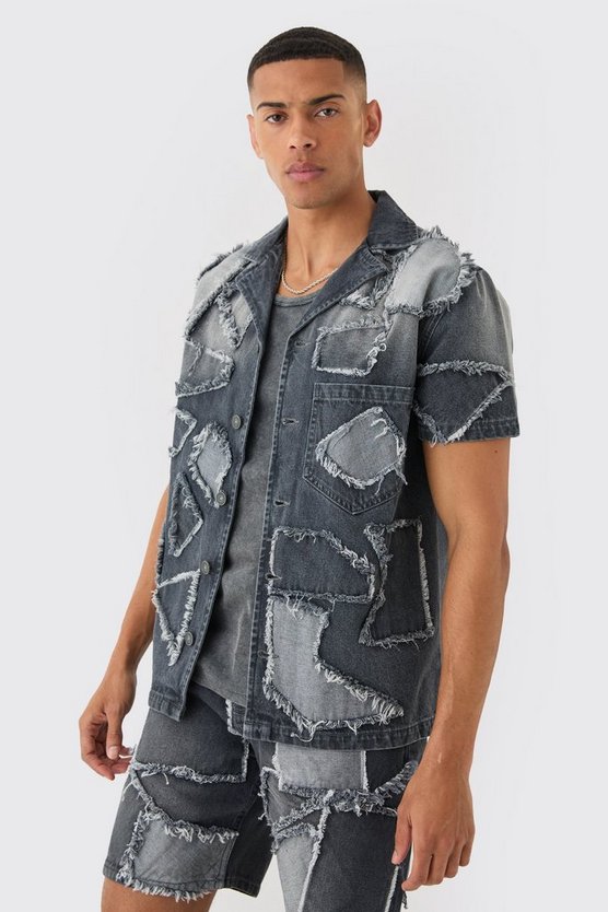 Zerrissenes Patchwork Jeanshemd in Grau