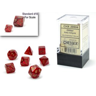 Glitter Mini-Polyhedral Ruby/gold Würfel (7)