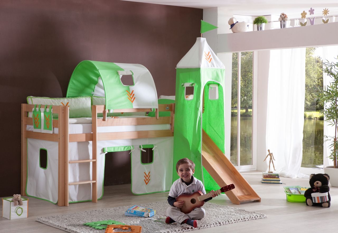 Relita Halbhohes Spielbett ALEX mit Rutsche/Turm/Tunnel Buche massiv natur lackiert mit Stoffset Beige/Grün