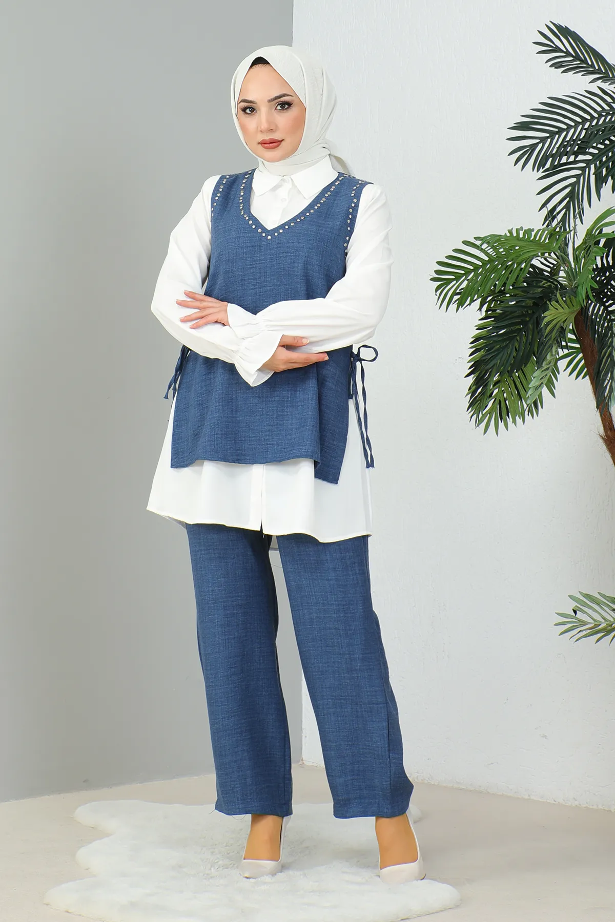 MODAQU  Indigoblaues Leinenset – Dreierset mit Steindetail