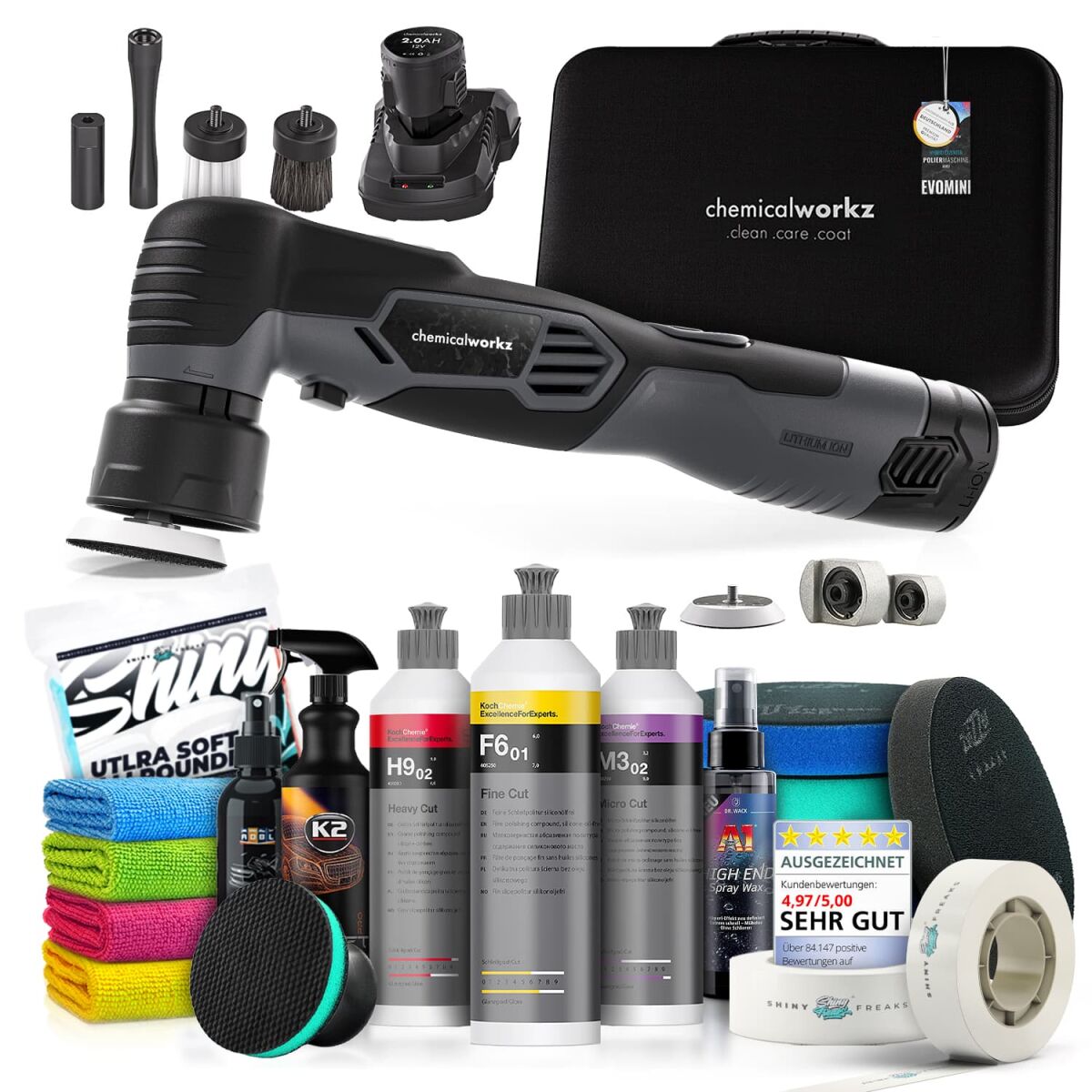 chemicalworkz EVO Mini Akku Poliermaschinen Set mit Koch Chemie Polituren & Zubehör