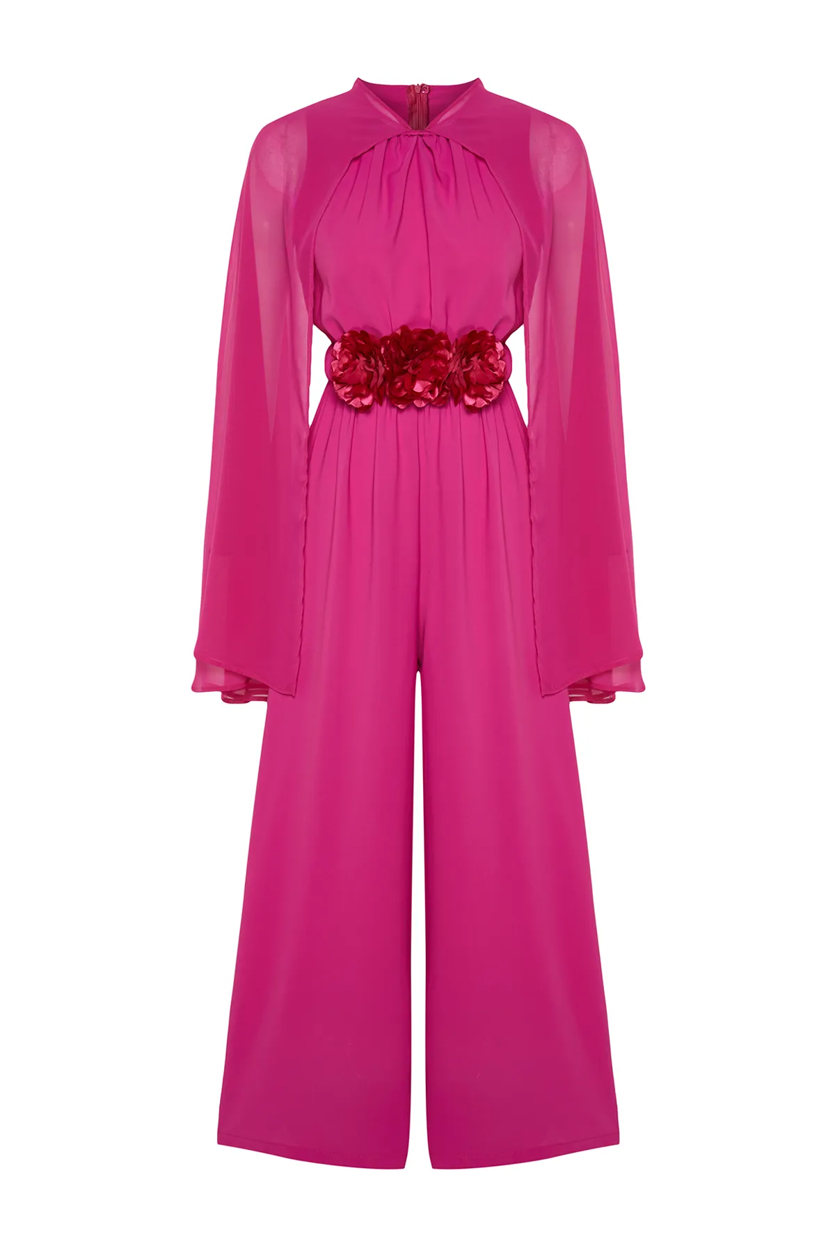 Trendyol Modest  Abendkleid-Overall aus Chiffon mit Cape und Satin in Fuchsia mit Blumengürtel TCTSS24DB00010