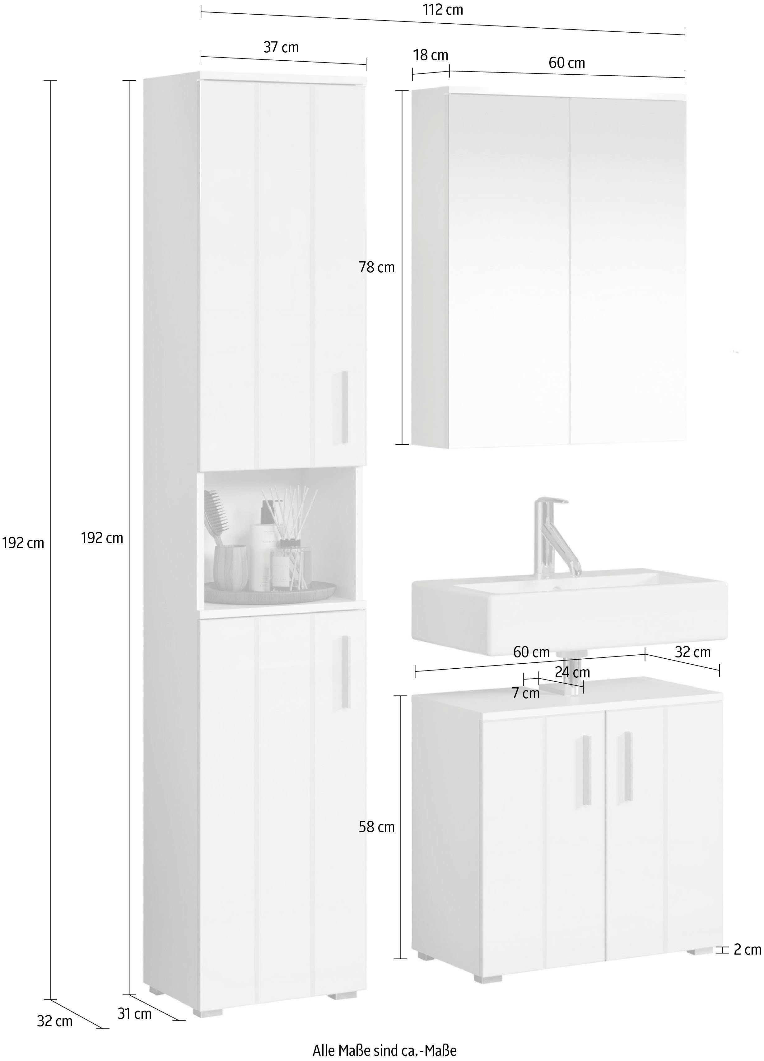 welltime Badezimmer-Set Prag, (Set, 3-St), Hochschrank, Waschbeckenunterschrank & Spiegelschrank