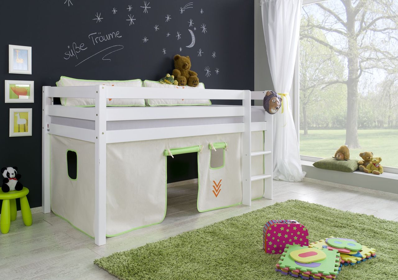 Relita Halbhohes Spielbett ALEX Buche massiv weiß lackiert mit Stoffset Vorhang Beige/Grün