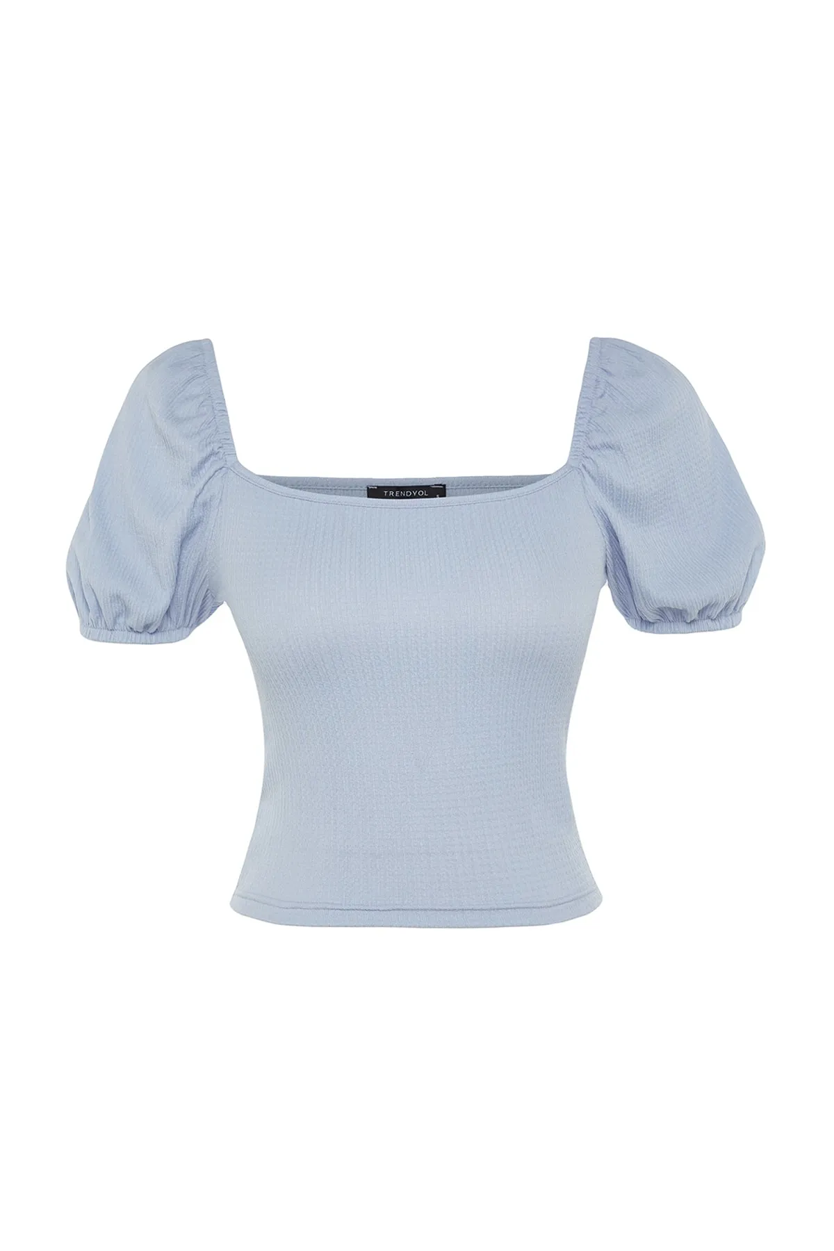 Trendyol Collection  Hellblaue, bauchfreie, eng anliegende Pullover-Strickbluse mit quadratischem Ausschnitt und Ballonärmeln TWOSS22BZ00126