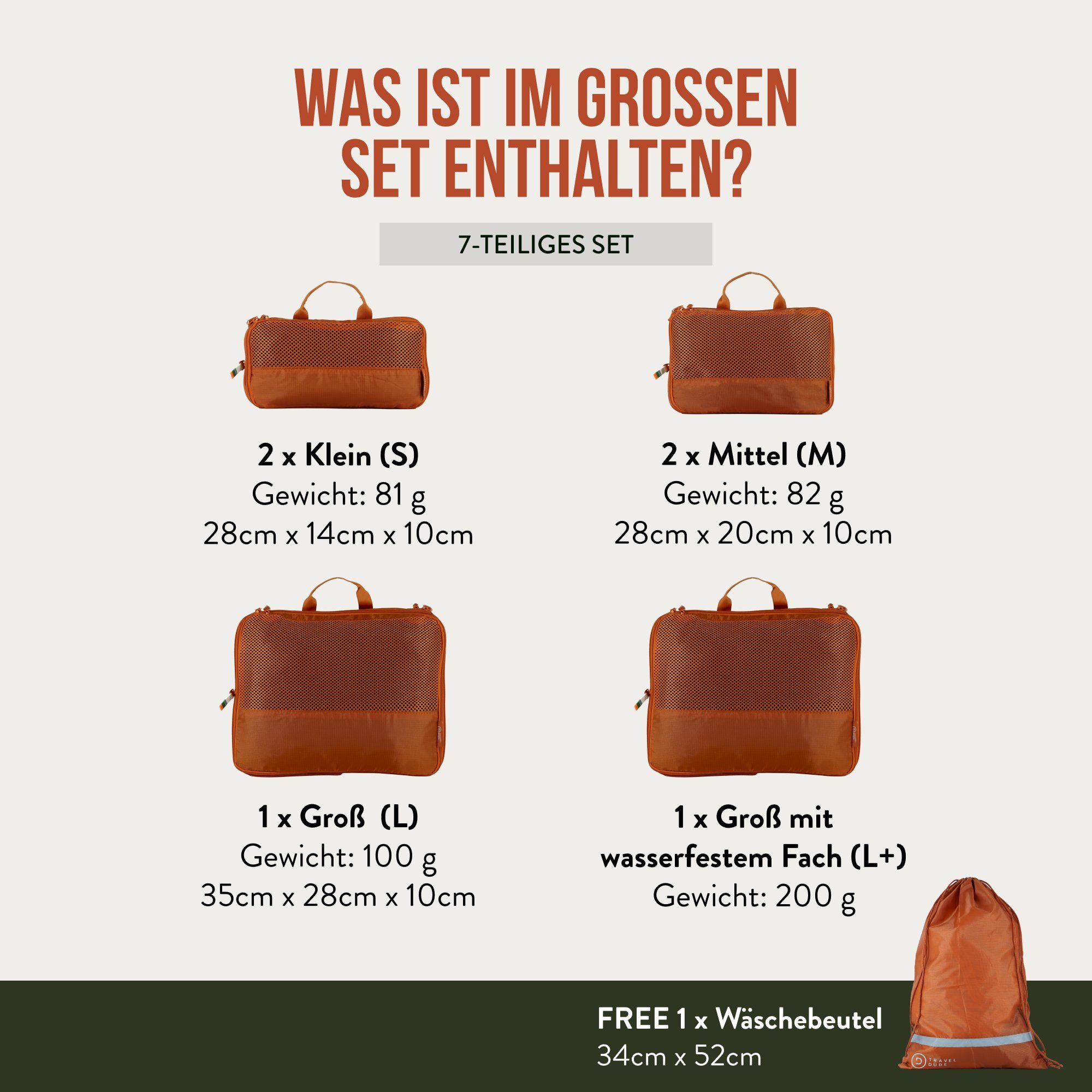 TRAVEL DUDE Kofferorganizer aus recycelten Plastikflaschen (ultraleichte Packwürfel, 4-tlg., Mit Packtaschen in verschiedenen Größen und einem Wäschebeutel), mit Kompression und einem Nassfach
