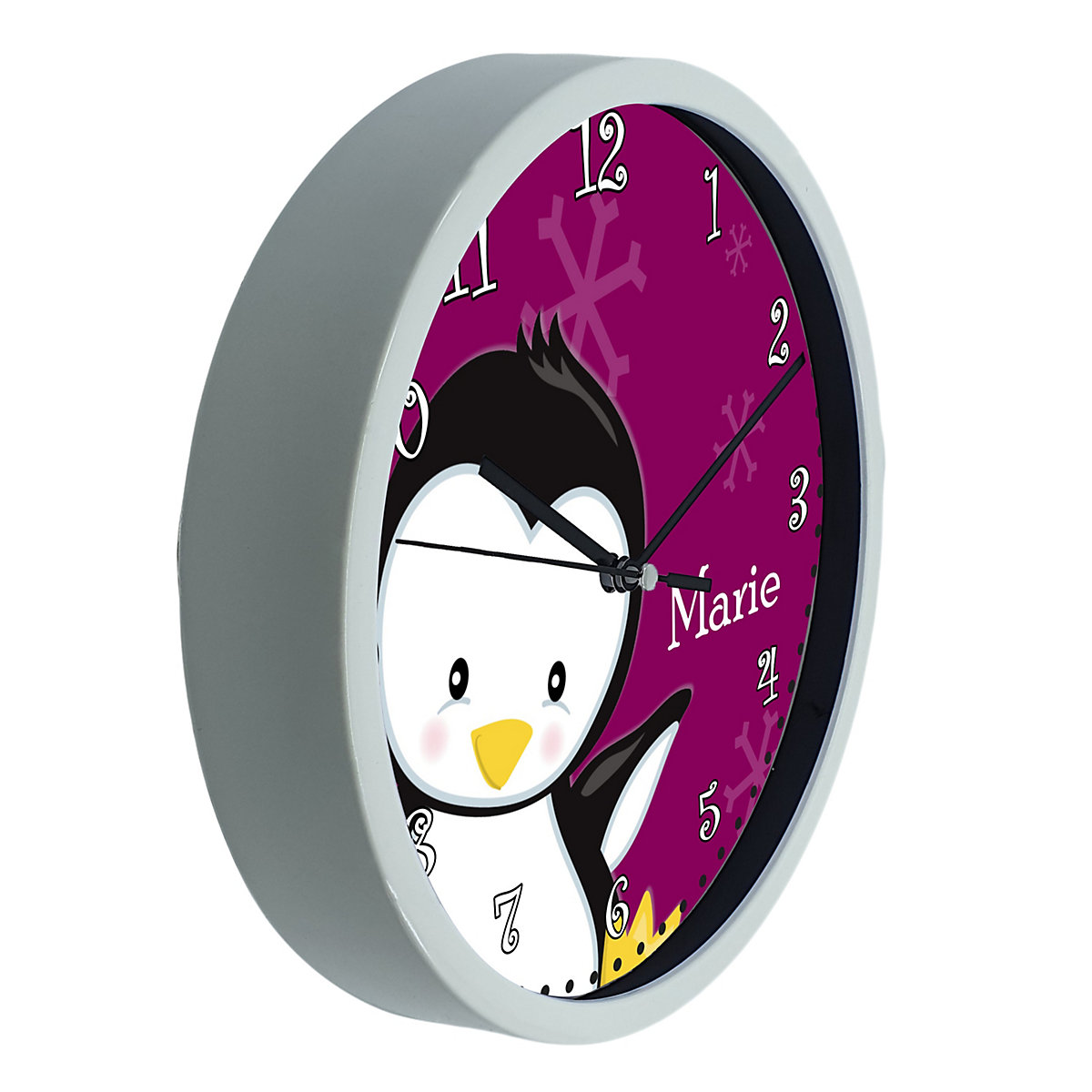 Kinder Wanduhr personalisiert mit Name Pinguin brombeere