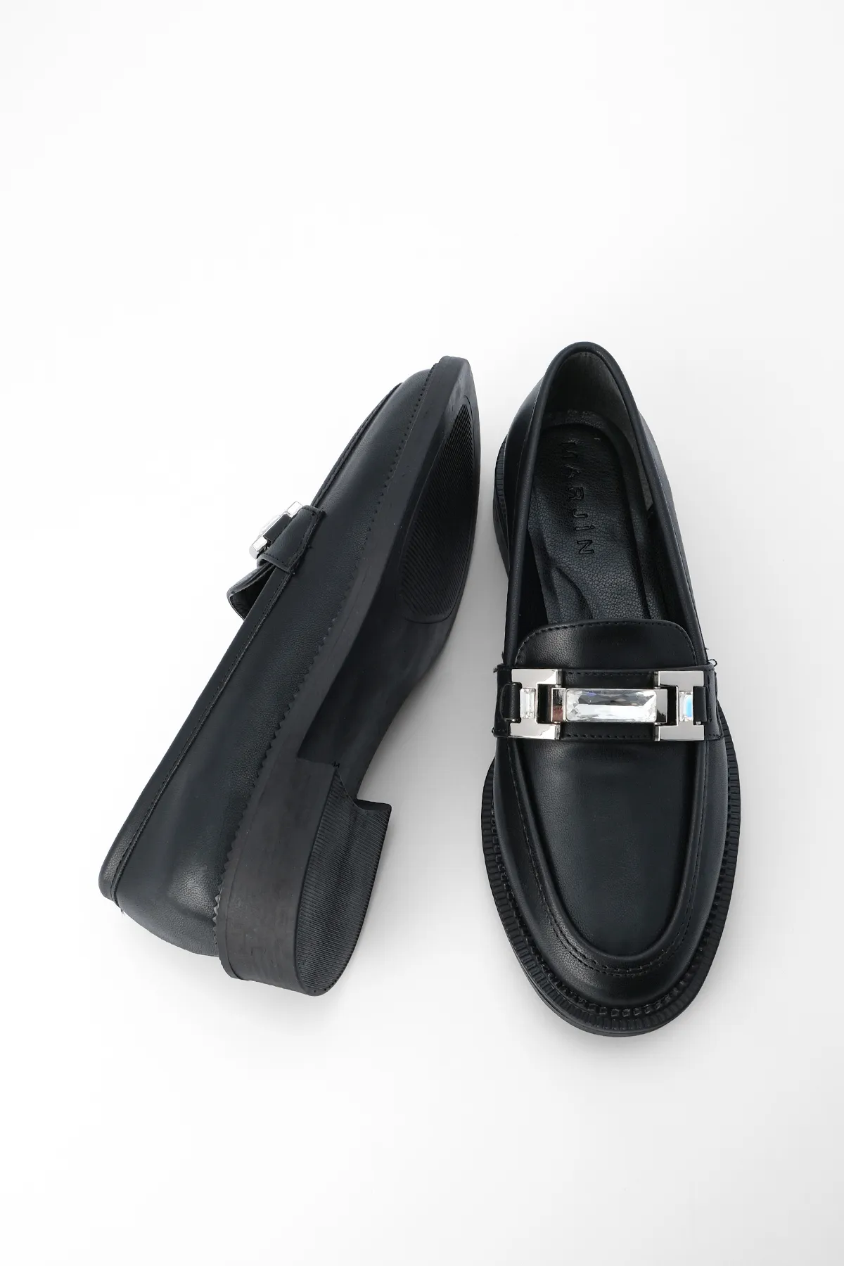 Marjin  Damen Loafer mit Schmucksteinen und Schnalle, Freizeitschuhe Hosre Schwarz