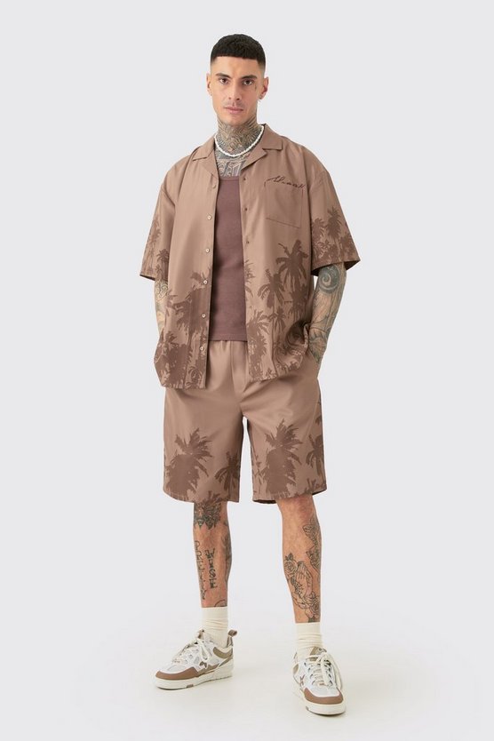 Tall kastiges Oversize Hemd & Shorts mit Palmen-Saum