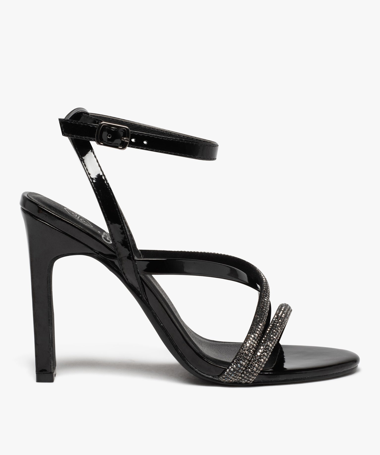 Sandales femme à talon haut dessus vernis et strass noir | GEMO