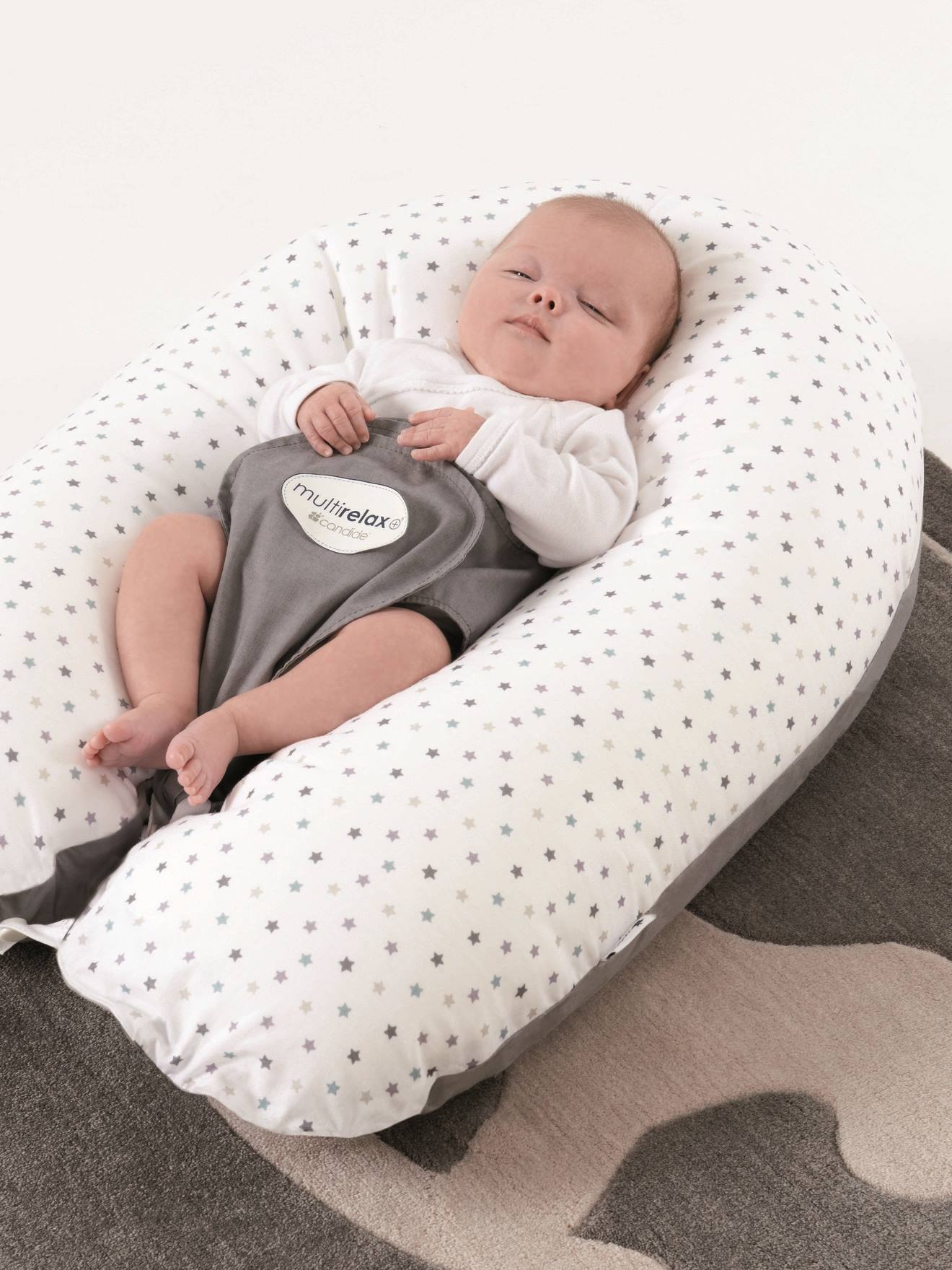 Coussin de maternité et d'allaitement évolutif CANDIDE Multirelax+ gris/imprimé étoiles