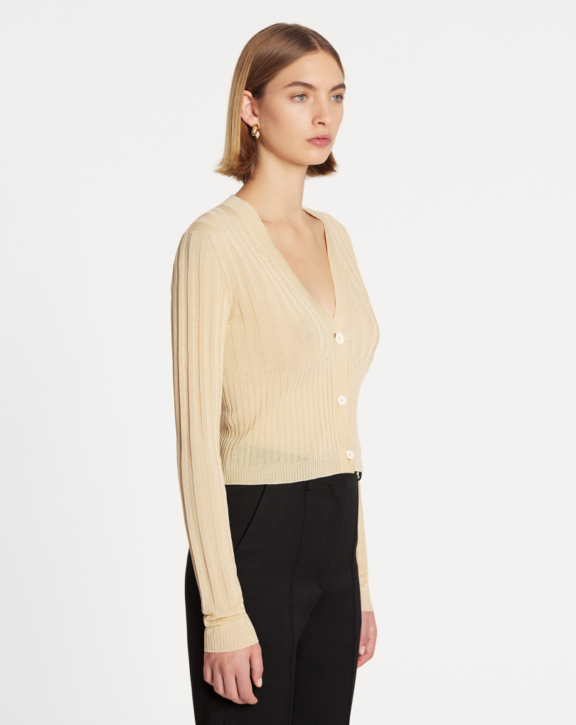 CARDIGAN COL V EN SOIE ET COTON CÔTELÉ