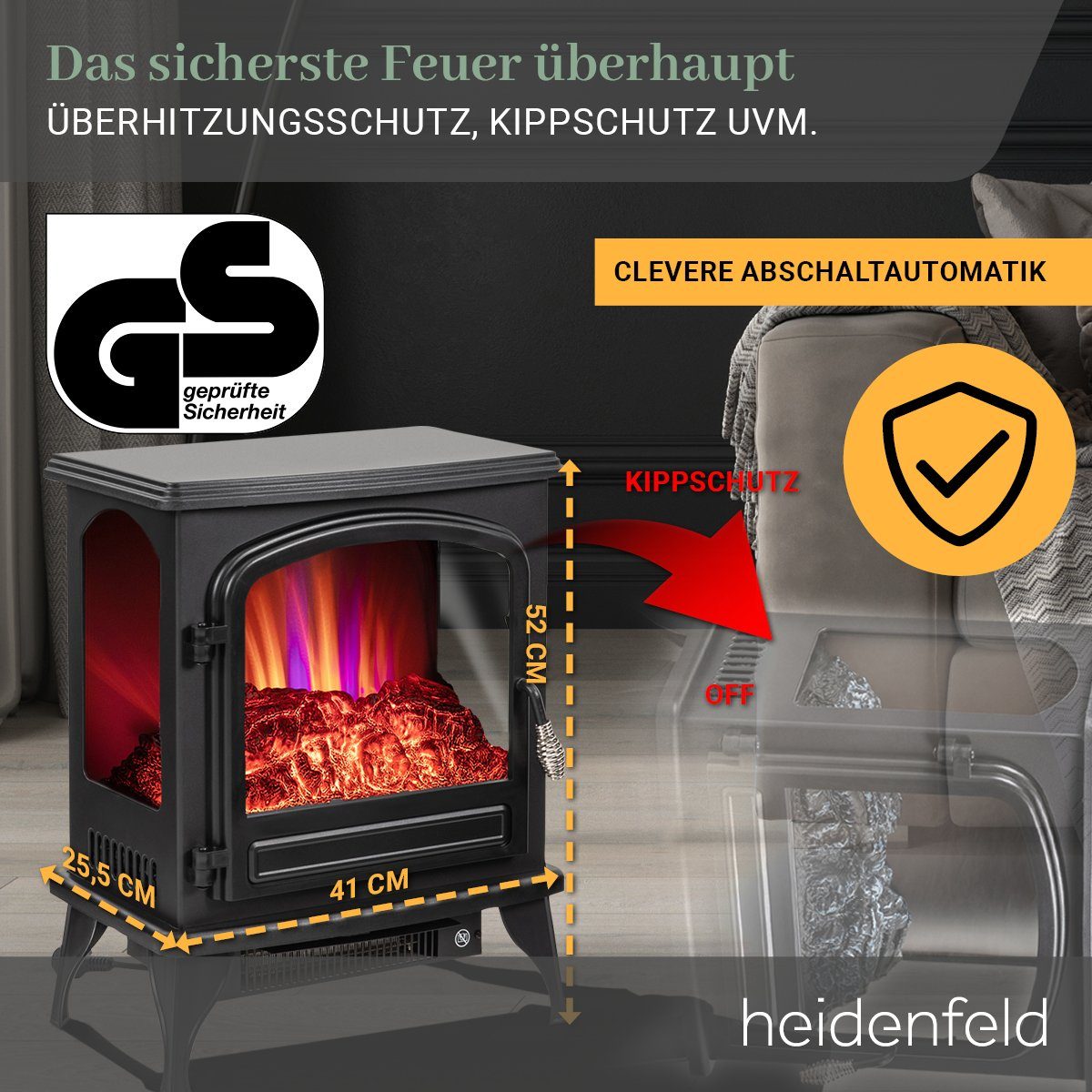 Heidenfeld Elektrokamin Kamin Heizung Standkamin EK100 2000 Watt inkl. 3 Jahre Garantie, 3D Kaminfeuer- Dreiseitige Glasfront - Kaminofen - Elektroheizung