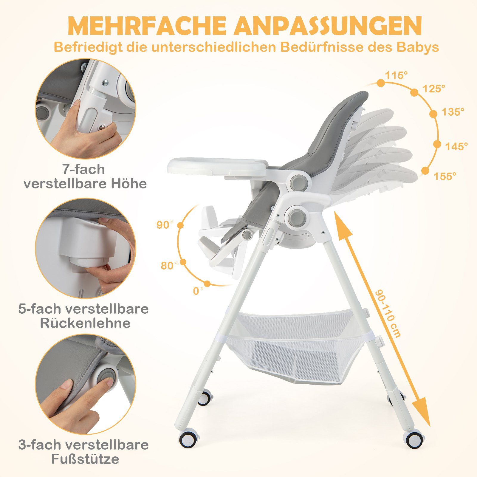 COSTWAY Hochstuhl, klappbar, höhenverstellbar, mit 5-Punkt-Gurt, für 6-36 Monaten