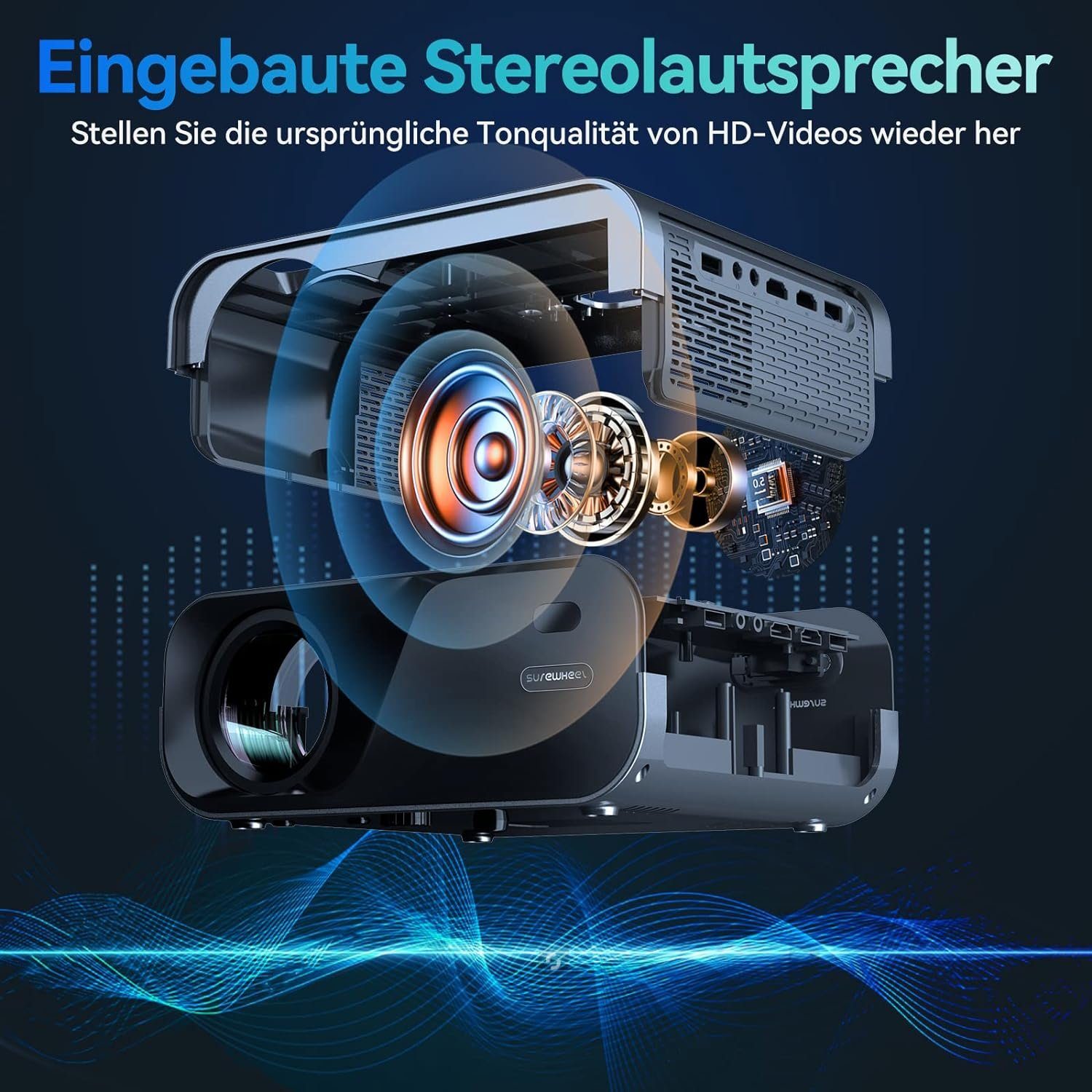 SUREWHEEL Portabler Projektor (1920x1080 px, Trapezkorrektur staubdicht miracast kein dunkler bereich projektor)