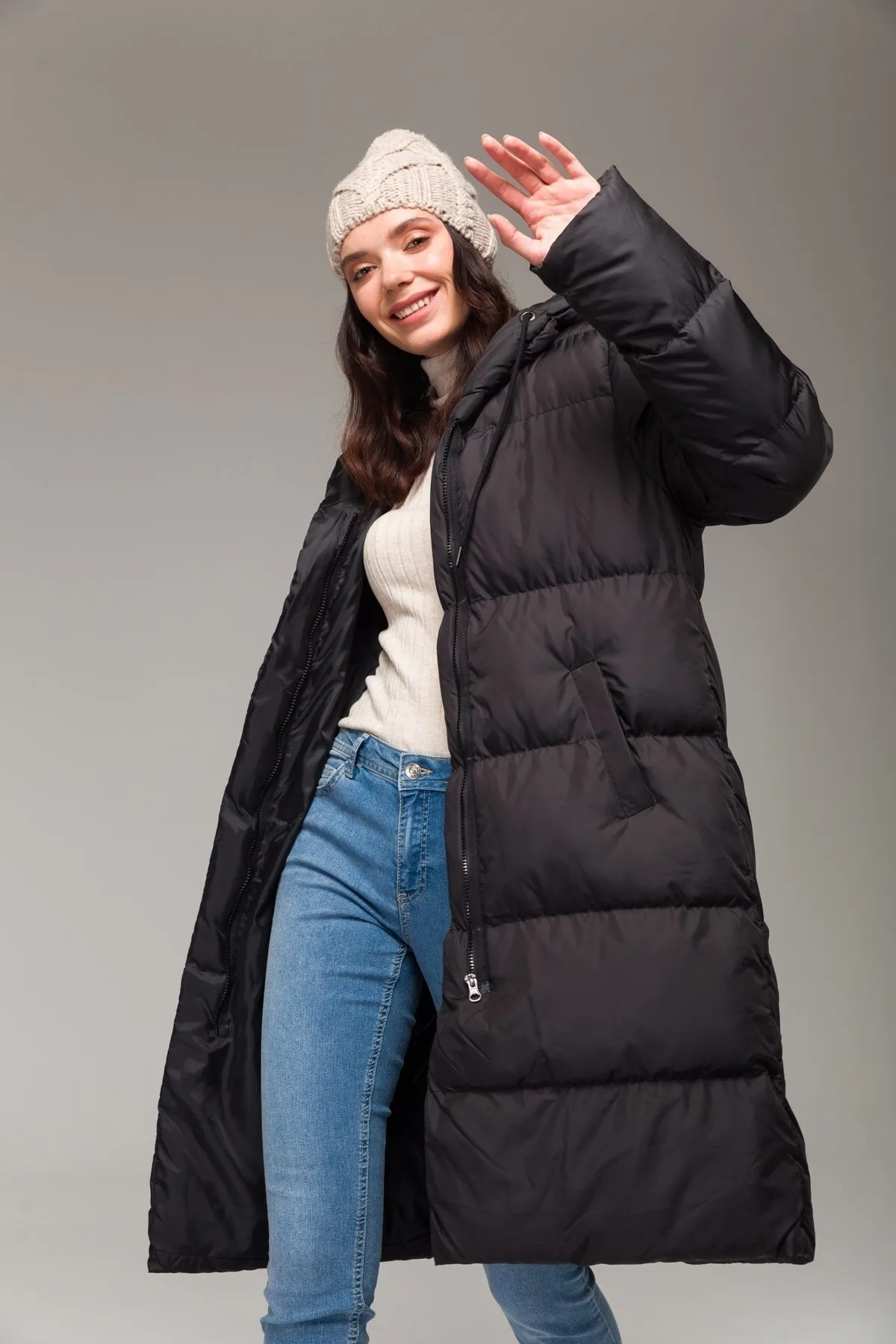 Olcay  Pufferjacke mit Kapuze und Reißverschluss, Schwarz 6225