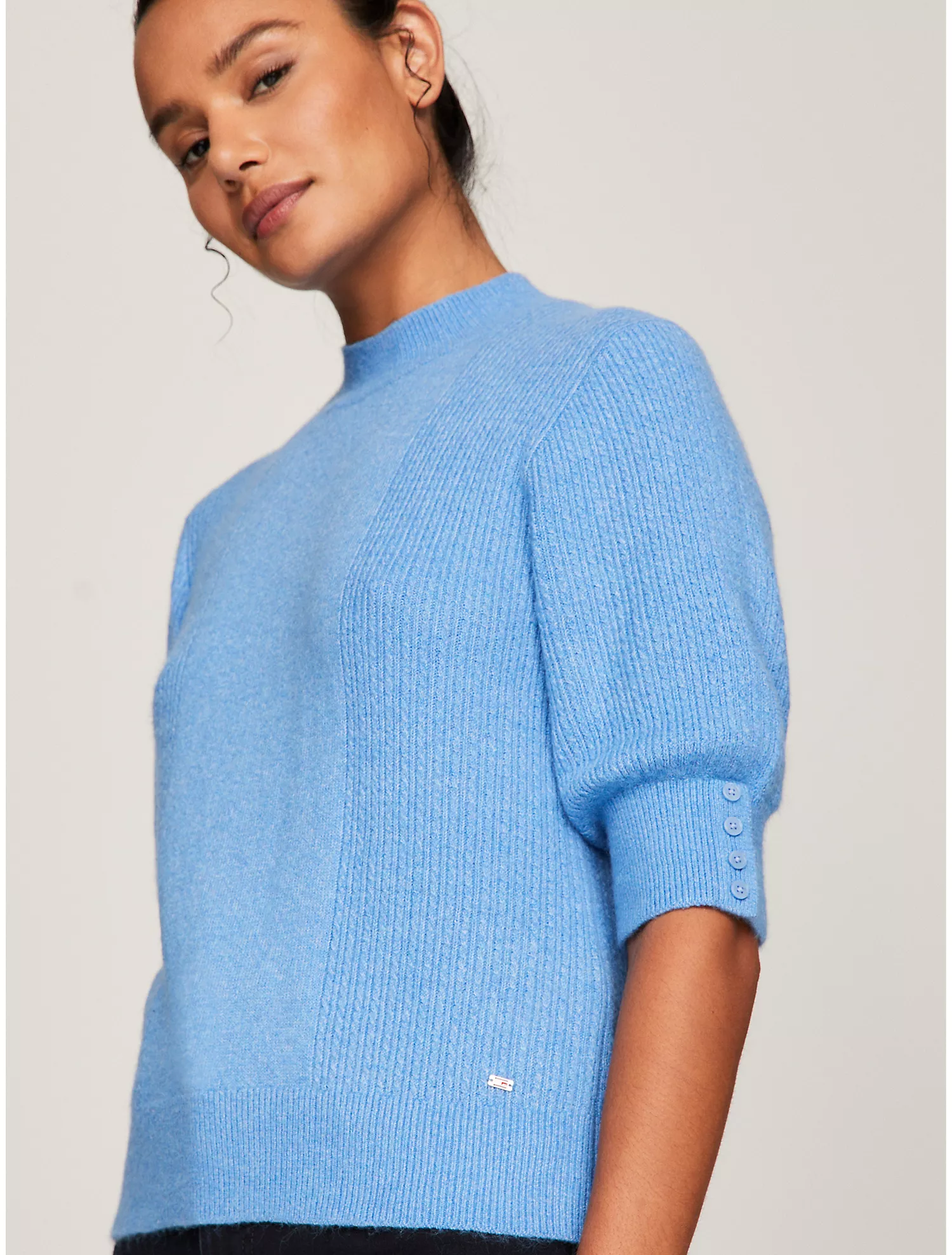 Short-Sleeve Mockneck Mix Knit Sweater