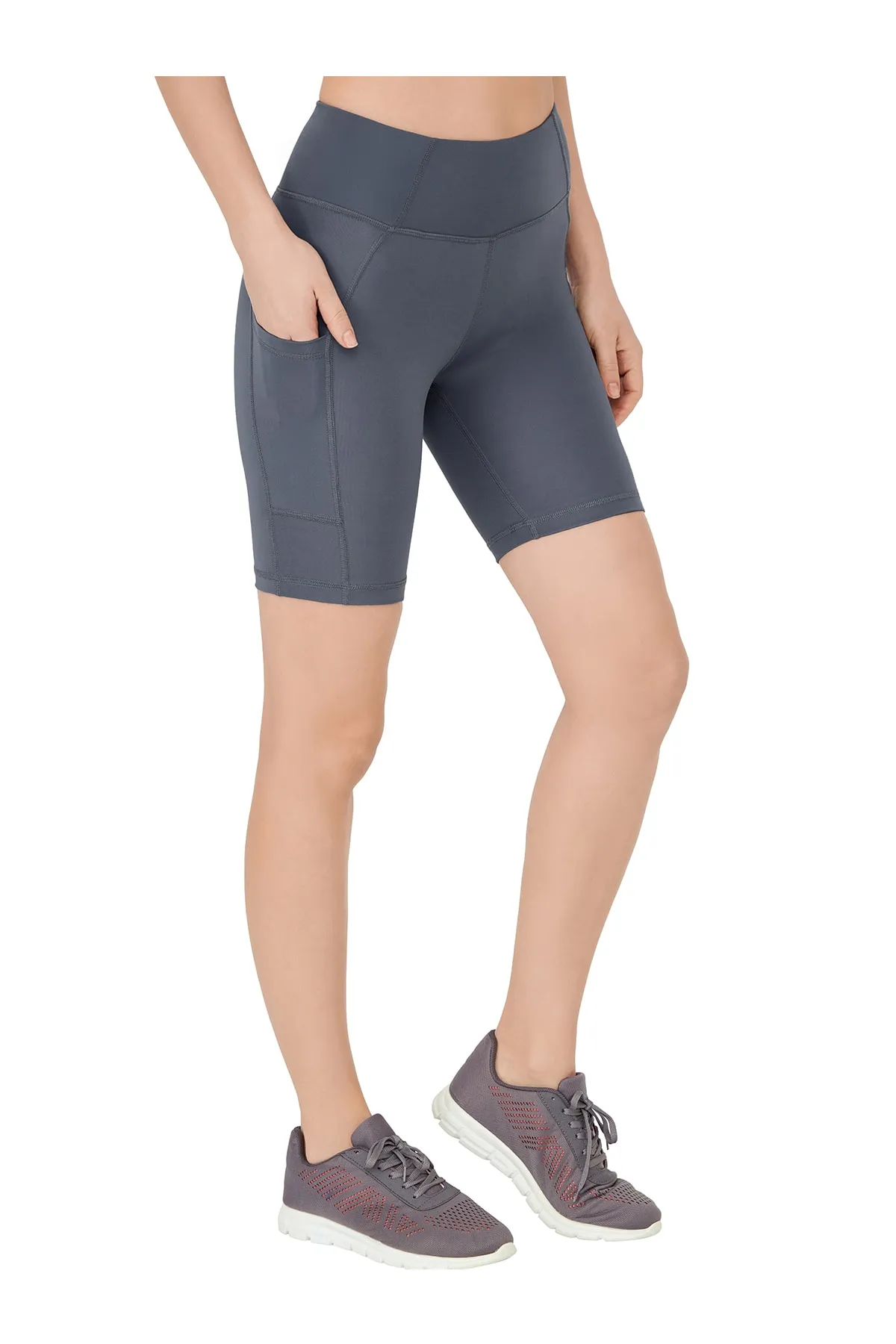 LOS OJOS  Anthrazitfarbene, glättende Biker-Shorts mit doppelter Tasche und hoher Taille, kurze Sport-Tights