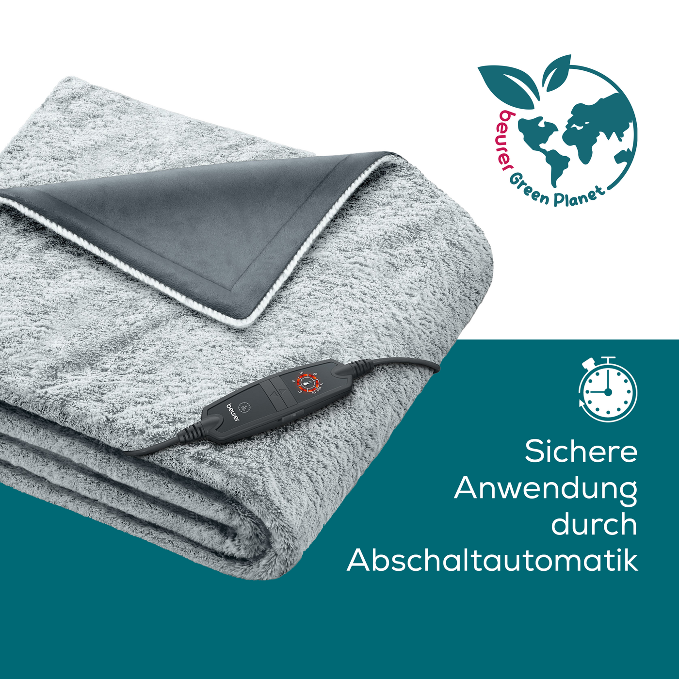 Beurer HD 75 Nordic Grey Green Planet Wärmezudecke-Atmungsaktive Kuschel-Heizdecke in trendigem Grau mit anschmiegsamer Ober- und Unterseite aus 100 % recycletem Material