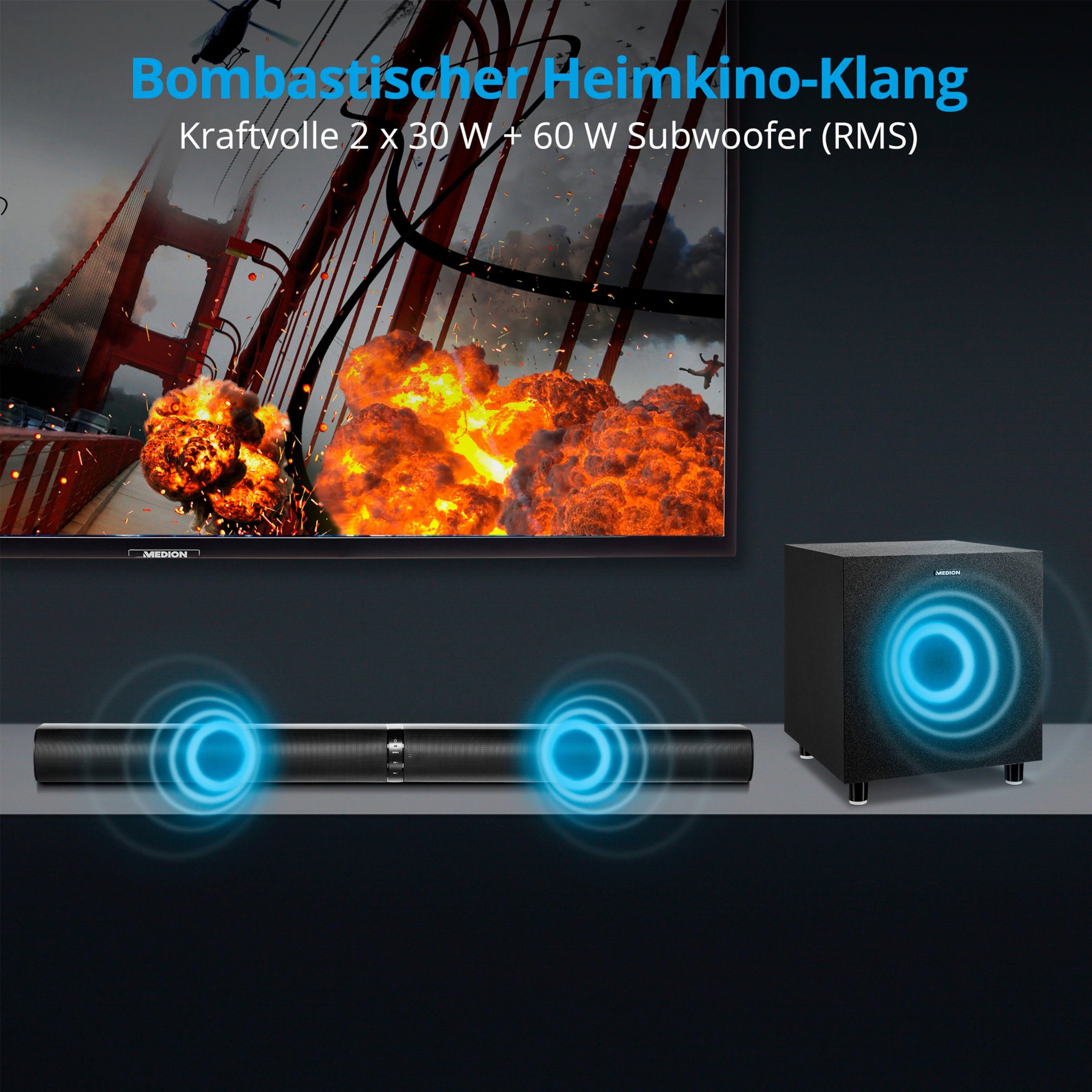 Medion® LIFE® P61450 Soundbar, Bluetooth®, 2 x 30 W und 60 W (RMS) Subwoofer Soundbar (30 W, MD45001)