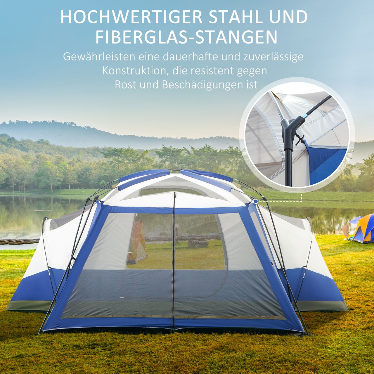 Outsunny Camping Zelt 6-8 Personen Zelt Familienzelt mit Vorraum 2 Fenster Kuppelzelt PU3000mm für Trekking Festival Glasfaser Blau 518 x 487 x 237 cm