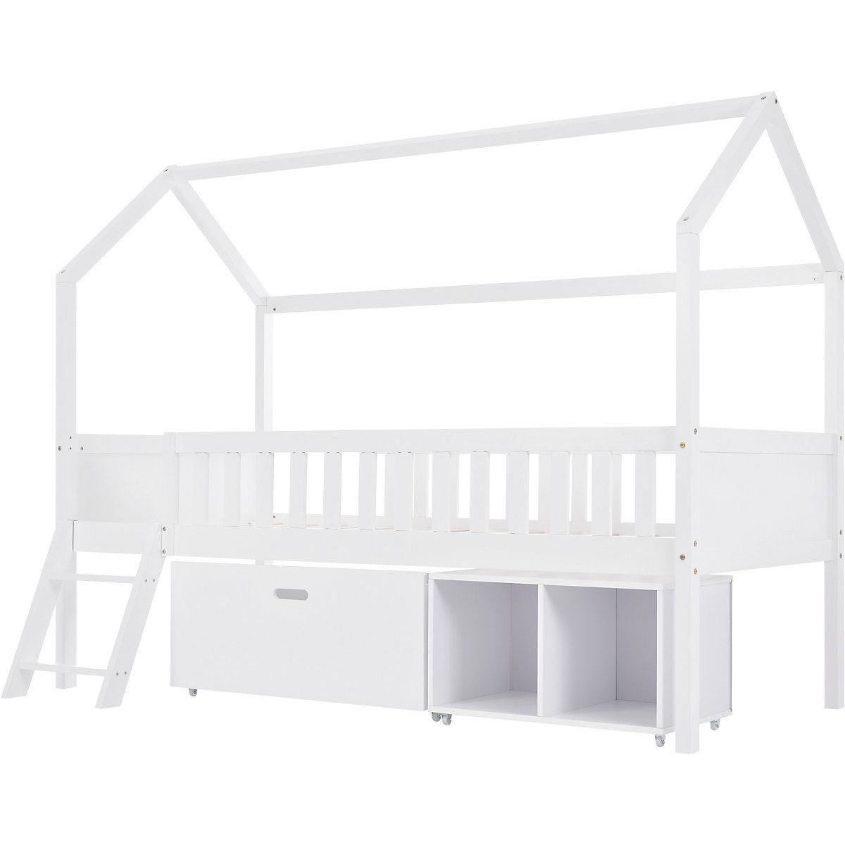 Hausbett 90x200 cm mit Leiter und Schubladen, Kinderbett Massiv