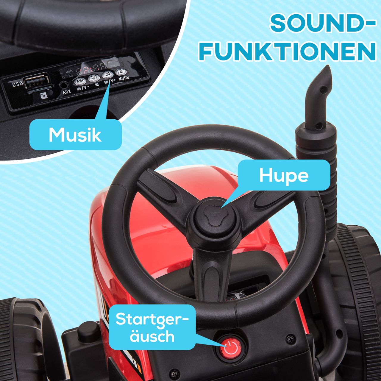 HOMCOM Elektrischer Traktor Kinder Aufsitztraktor mit MP3 Funktion, 3-6KM/H Rot